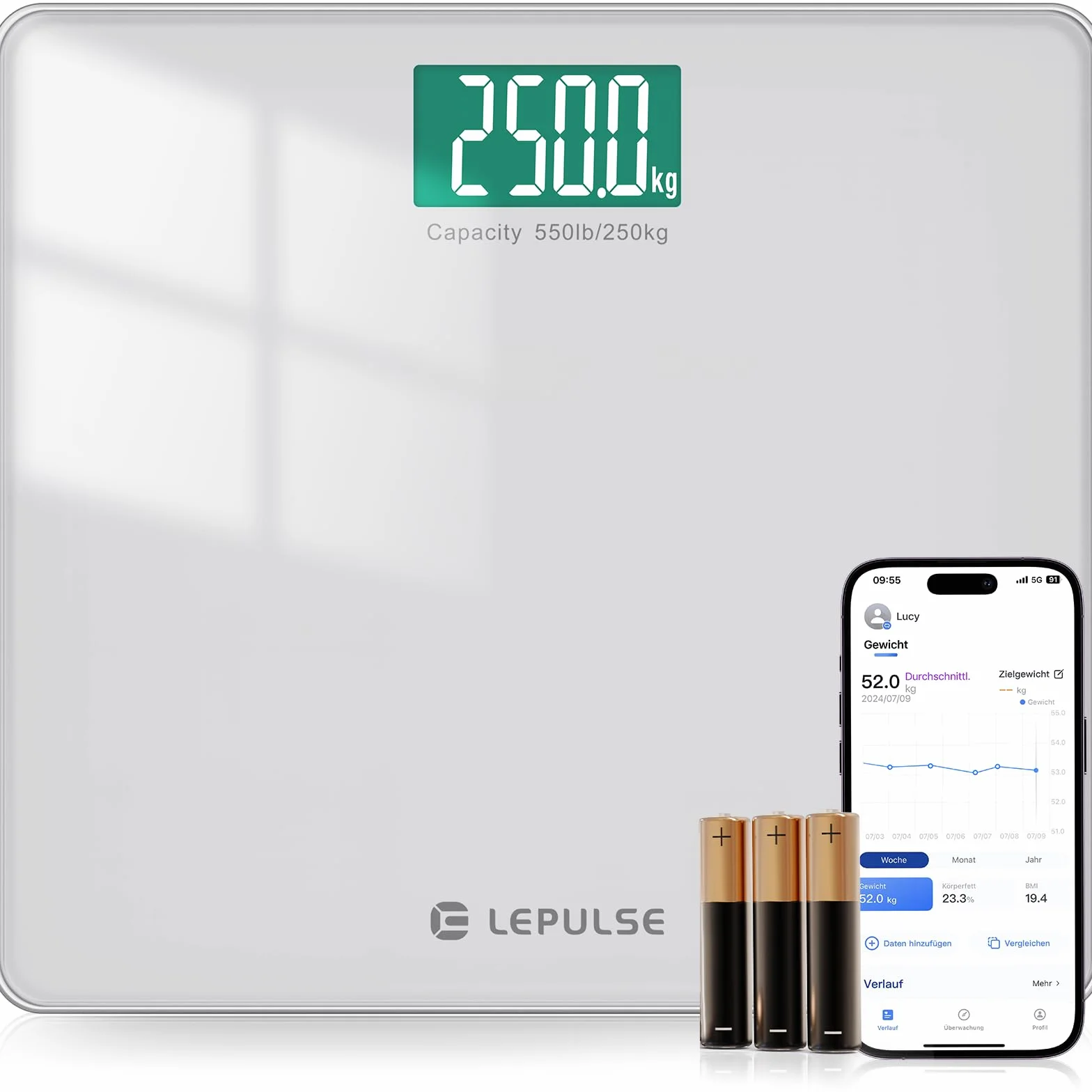 Lepulse Bilancia Pesapersone Digitale Vetro Temperato 33x30cm 250kg Bluetooth BMI