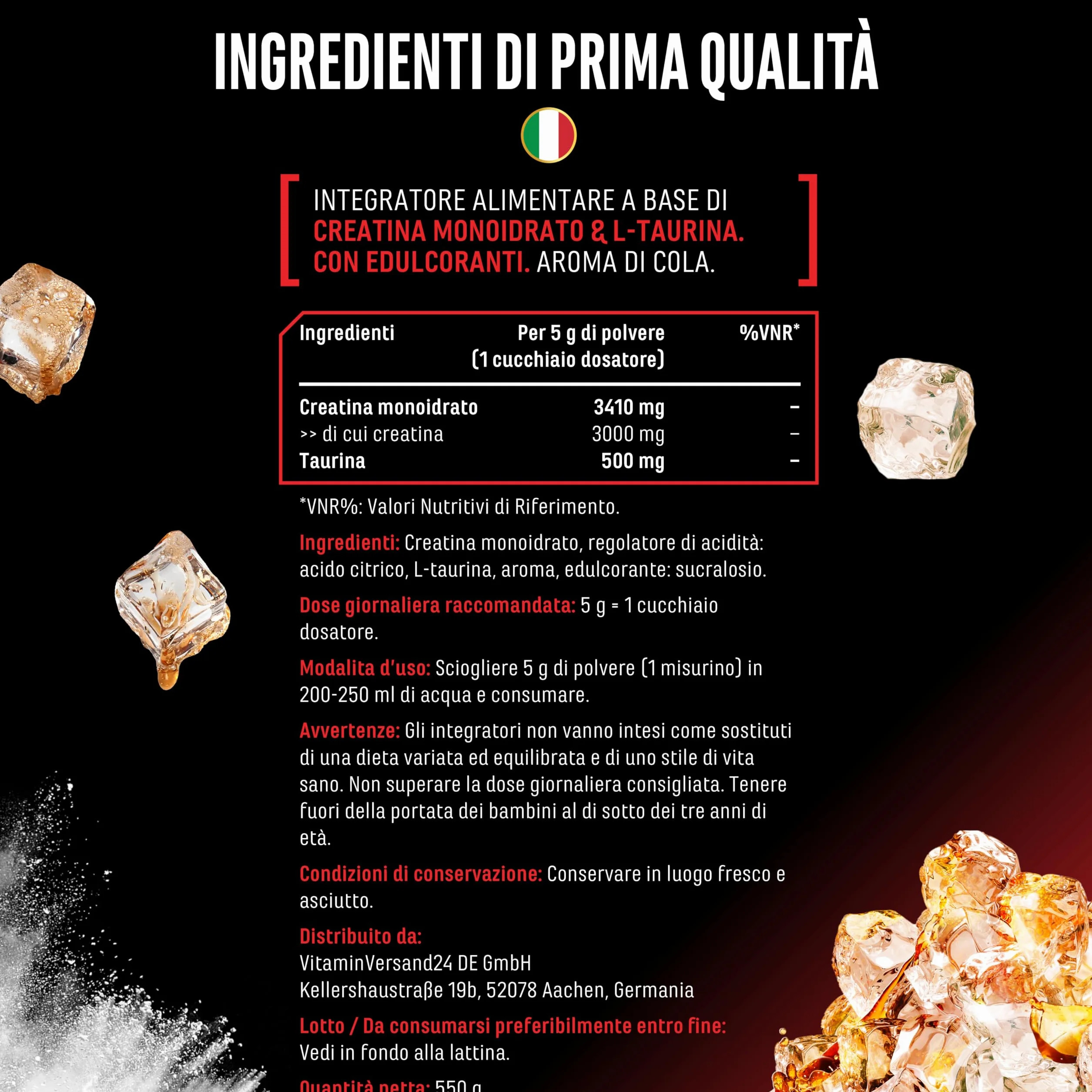 Flavoured Creatine polvere - 550 g - creatina monoidrato + L-taurina - creatina micronizzata aromatizzata - senza zuccheri & ottima solubilità - vegano (Cola)