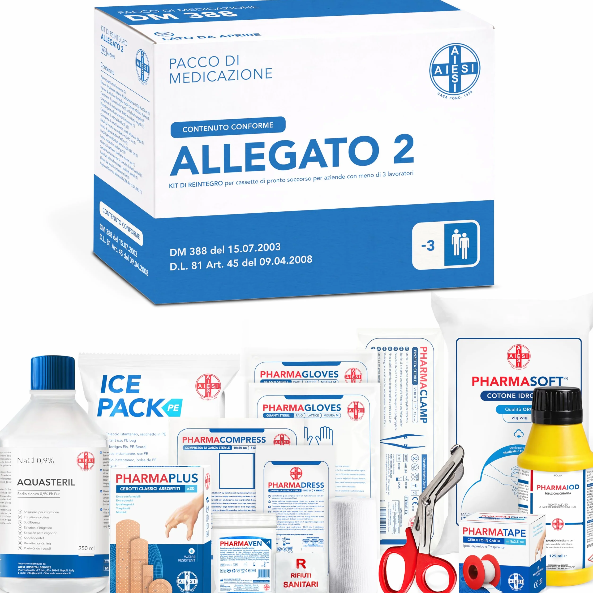AIESI kit di reintegro ALLEGATO 2 pacco medicazione cassetta pronto soccorso aziende meno 3 dipendenti DM388 DL81 Made in Italy