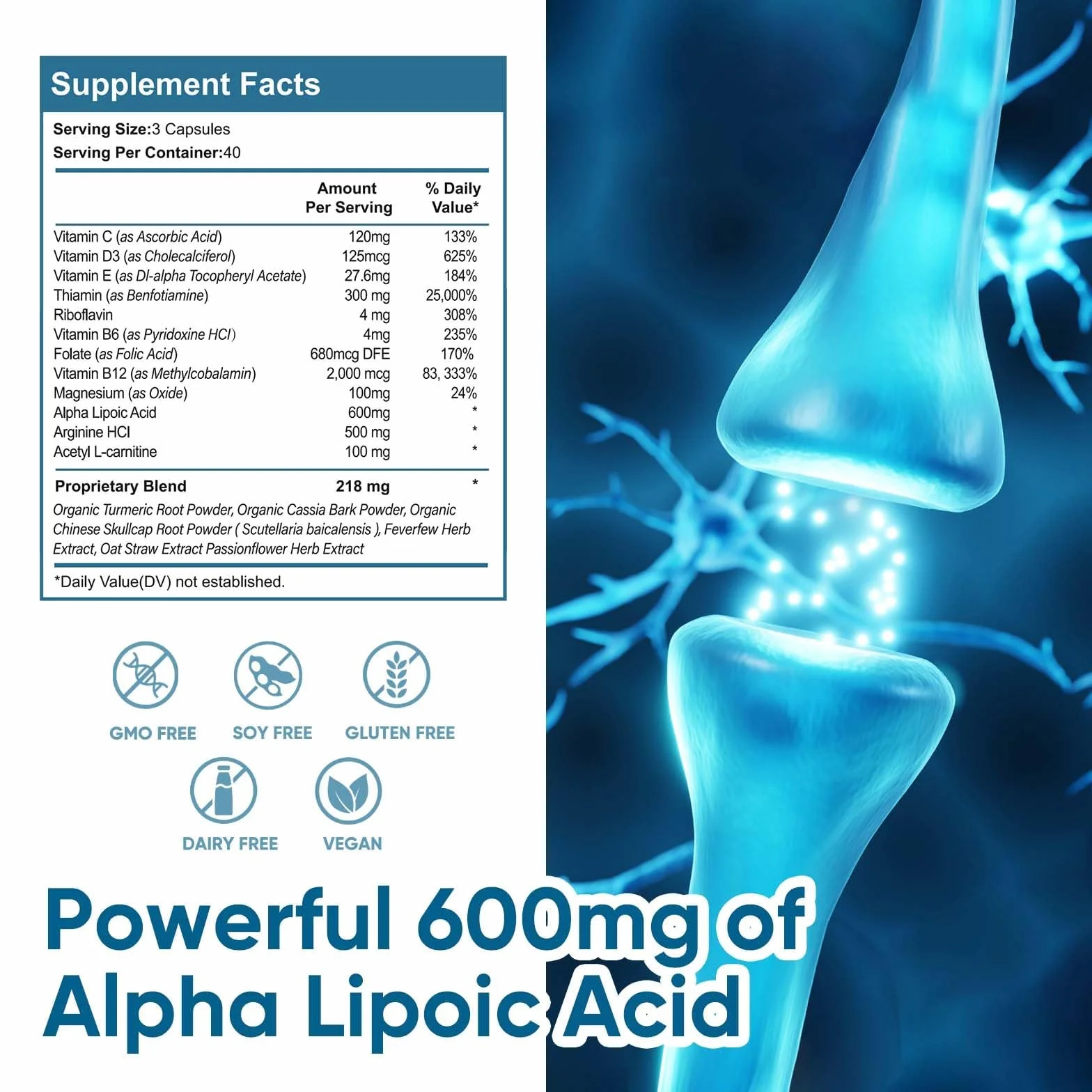 Acido Alfa Lipoico (ALA) 600mg 120 Capsule Integratore Antiossidante Supporto Sistema Nervoso