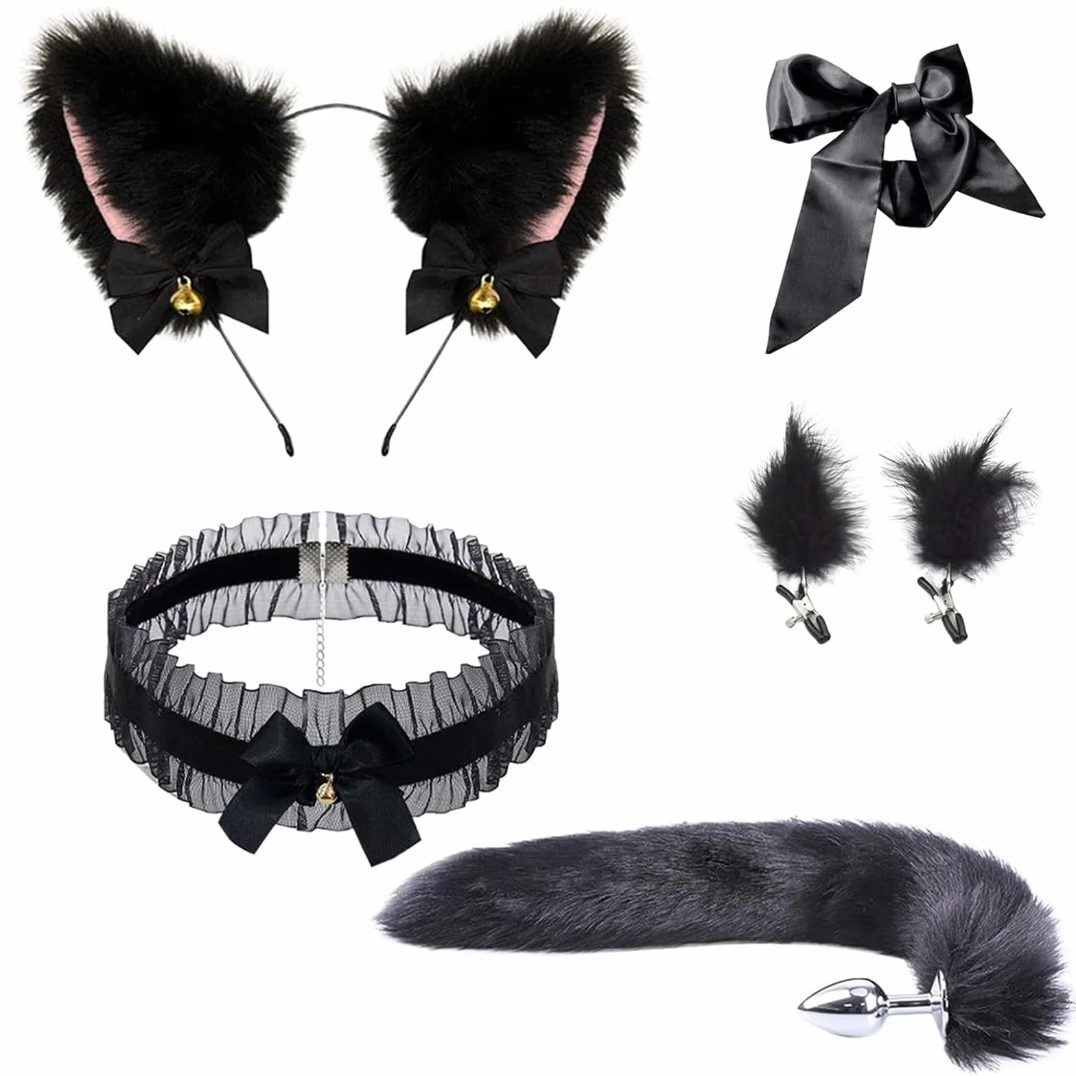BDSMYOU BDSM Zestaw Akcesoriów Sex Toys z Coda di Volpe, Morsetti per Capezzoli, Collare, Orecchie di Gatto, Maschera (Nero)