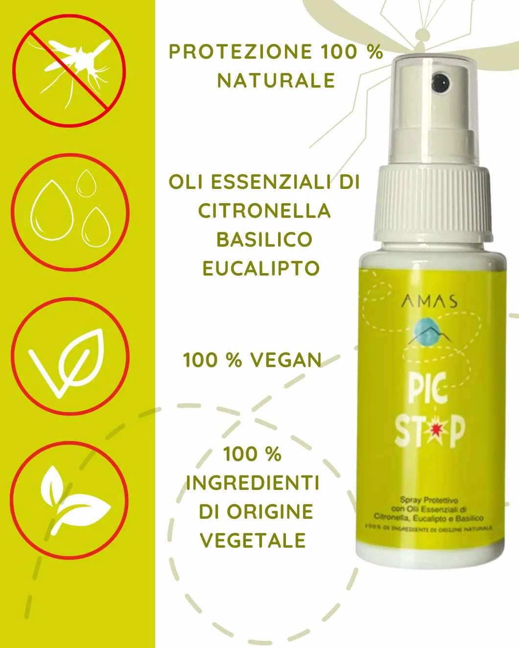 AMAS Spray Protettivo Anti Zanzare 100% Naturale 50ml x 2 Pezzi - Olii Essenziali Citronella Eucalipto Basilico