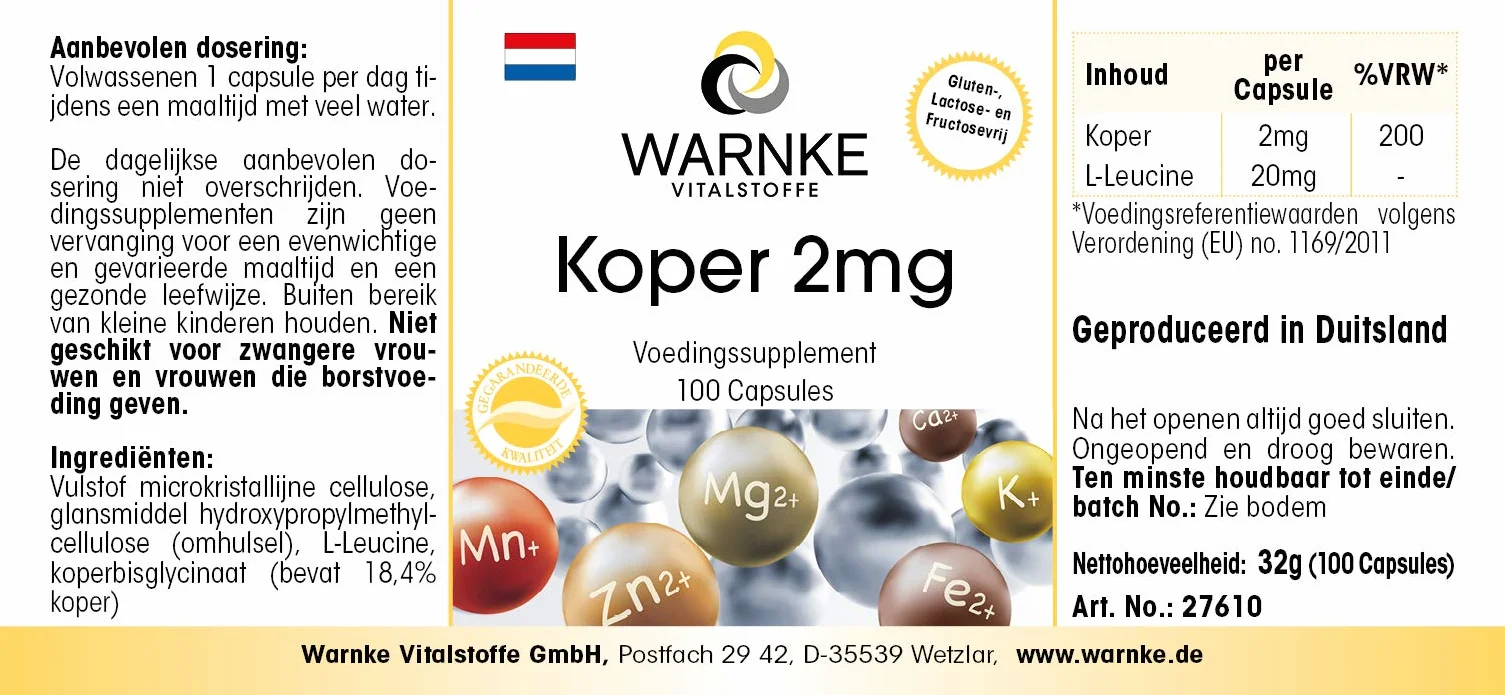 Rame 2mg - 100 capsule vegane da rame bisglicinato | Warnke Vitalstoffe - Qualità da farmacia tedesca