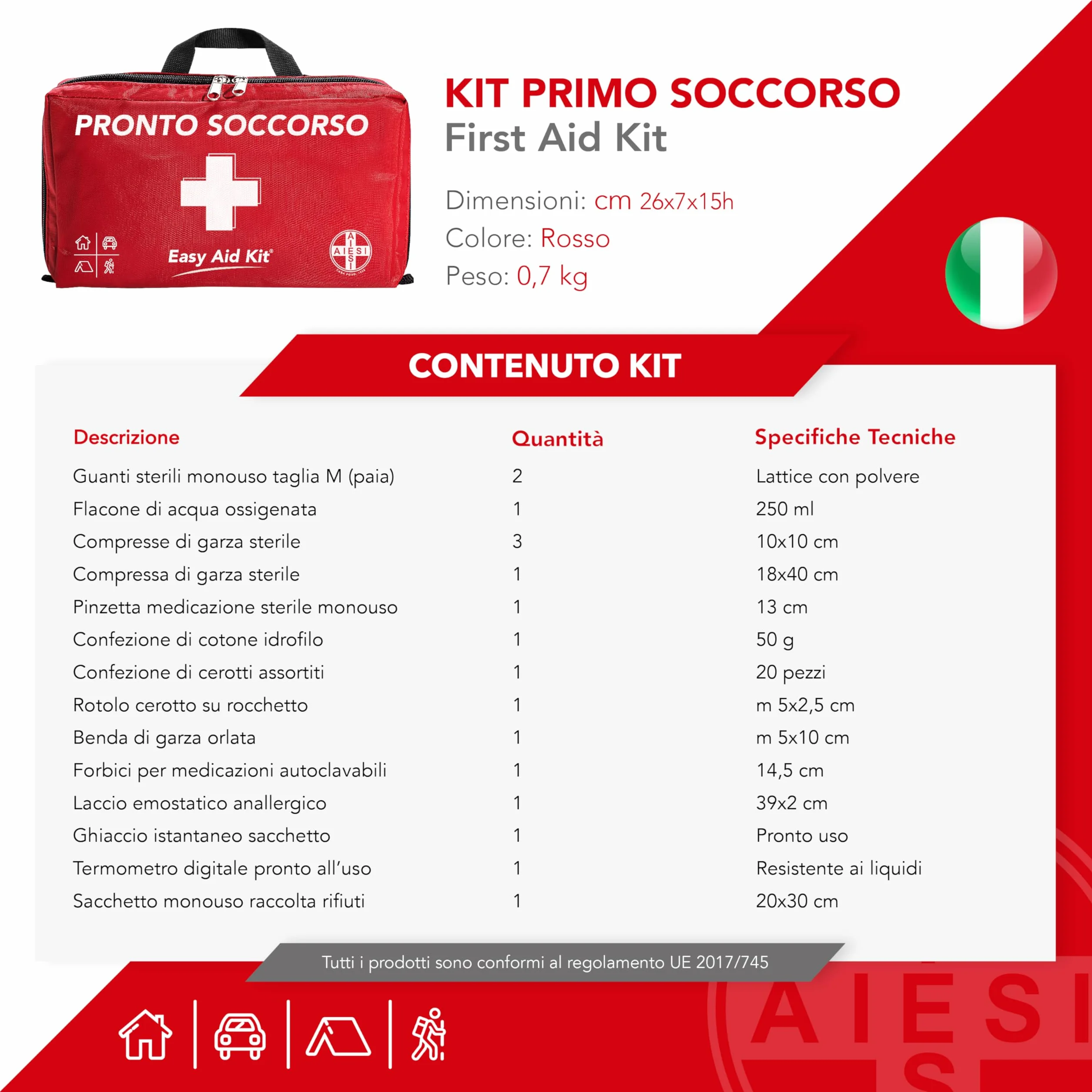 Kit di Pronto Soccorso professionale con Termometro e Disinfettante per Auto Casa Viaggio