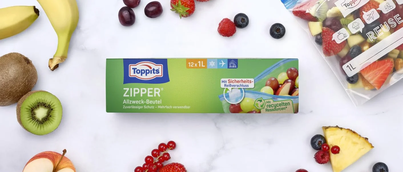 Toppits Zipper sacchetto multiuso pellicola speciale antistrappo, riutilizzabile, trasparente, capacità 1 litro, 1 x 12 pezzi