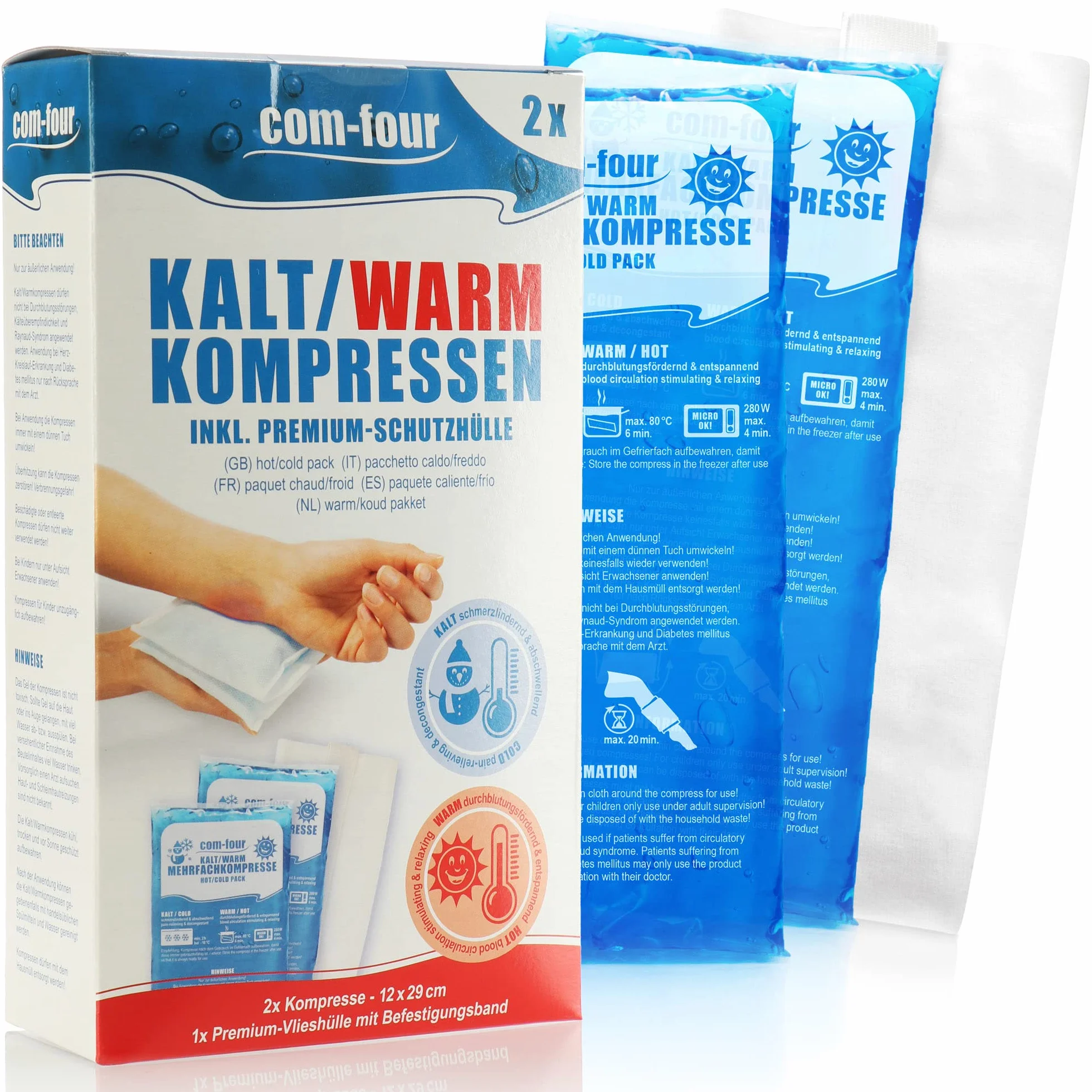 com-four® 2 Grandi compresse Multiple con Copertura in Pile Riutilizzabile di Alta qualità, compresse Fredde e Calde con Gel Cool Pack, Copertura Protettiva con Elastico - Made in Germany