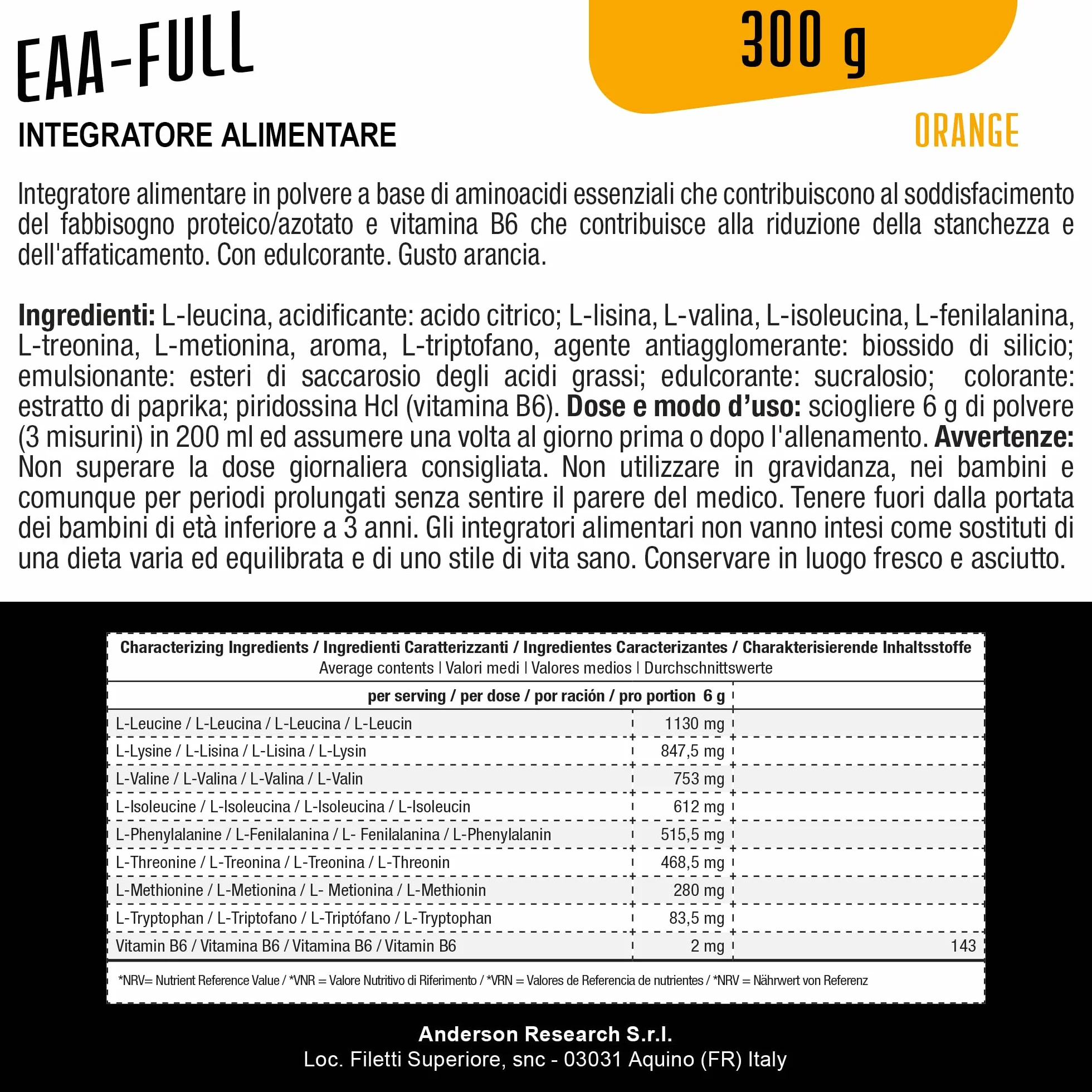 anderson Aminoacidi Essenziali – Arancia 3/8 bcaa ramificati + vitamina B6 – 300g, in polvere 0 zuccheri aggiunti, senza glutine, absolute series EAA-FULL – made in italy