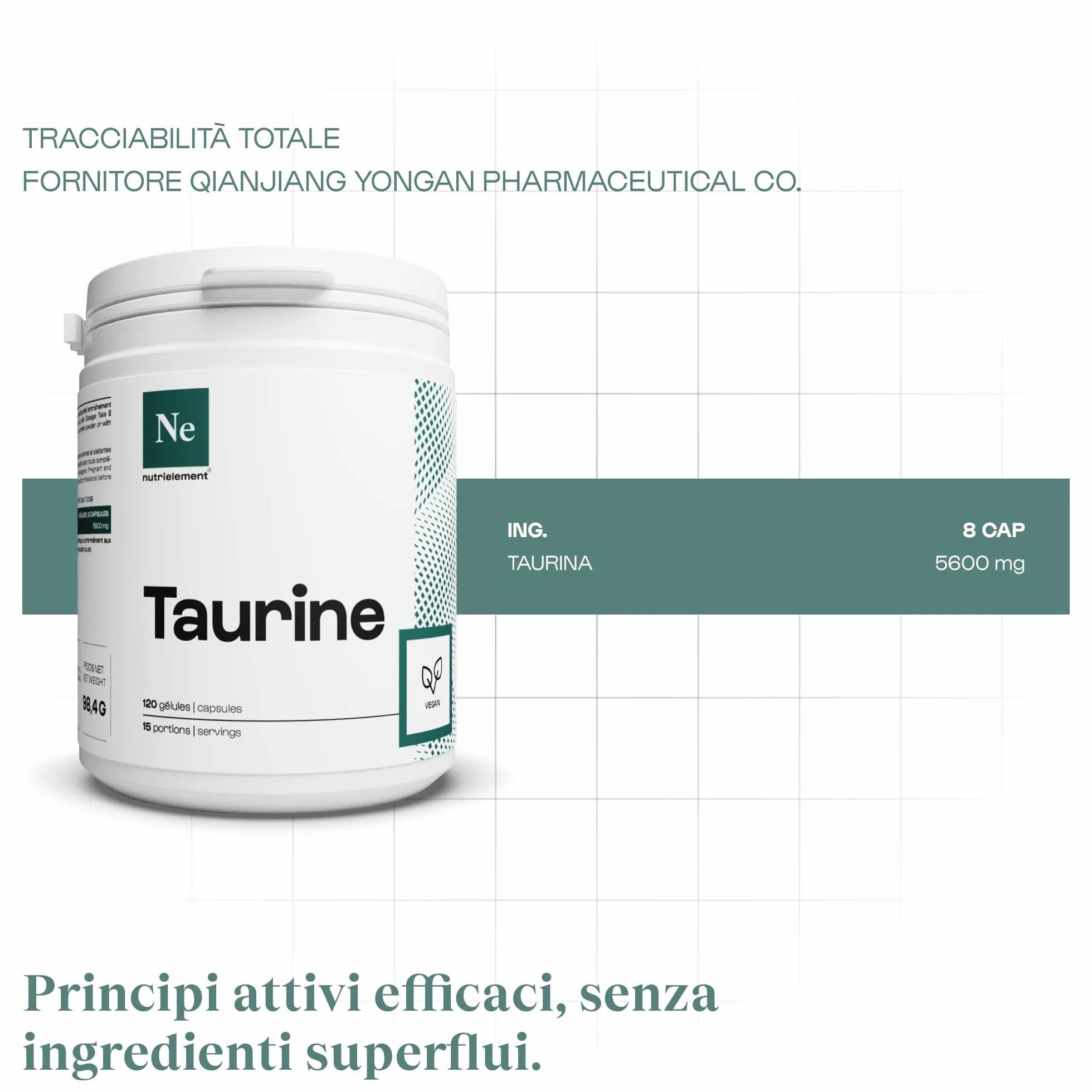 Taurina pura al 100% | Prestazioni atletiche - Miglioramento del sonno - Taurina vegetale - Non OGM - Benessere e Sport | Nutrimuscle | 120 capsule