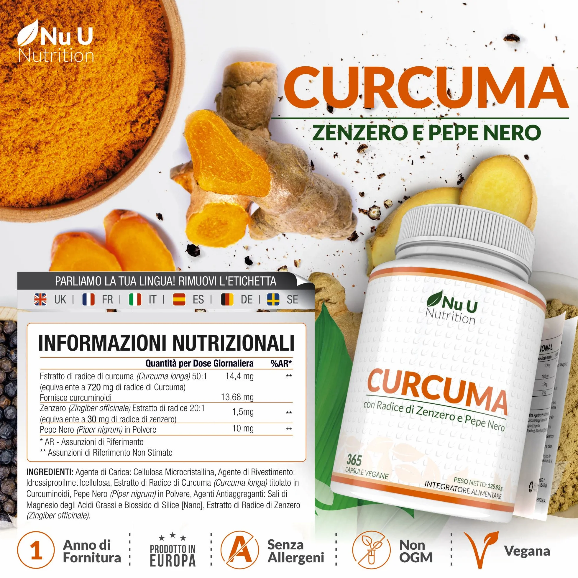 Curcuma 1520mg con Zenzero e Pepe Nero - 365 Capsule Vegane - Alto Dosaggio di Curcumina - 95% Curcuminoidi - Nu U Nutrition