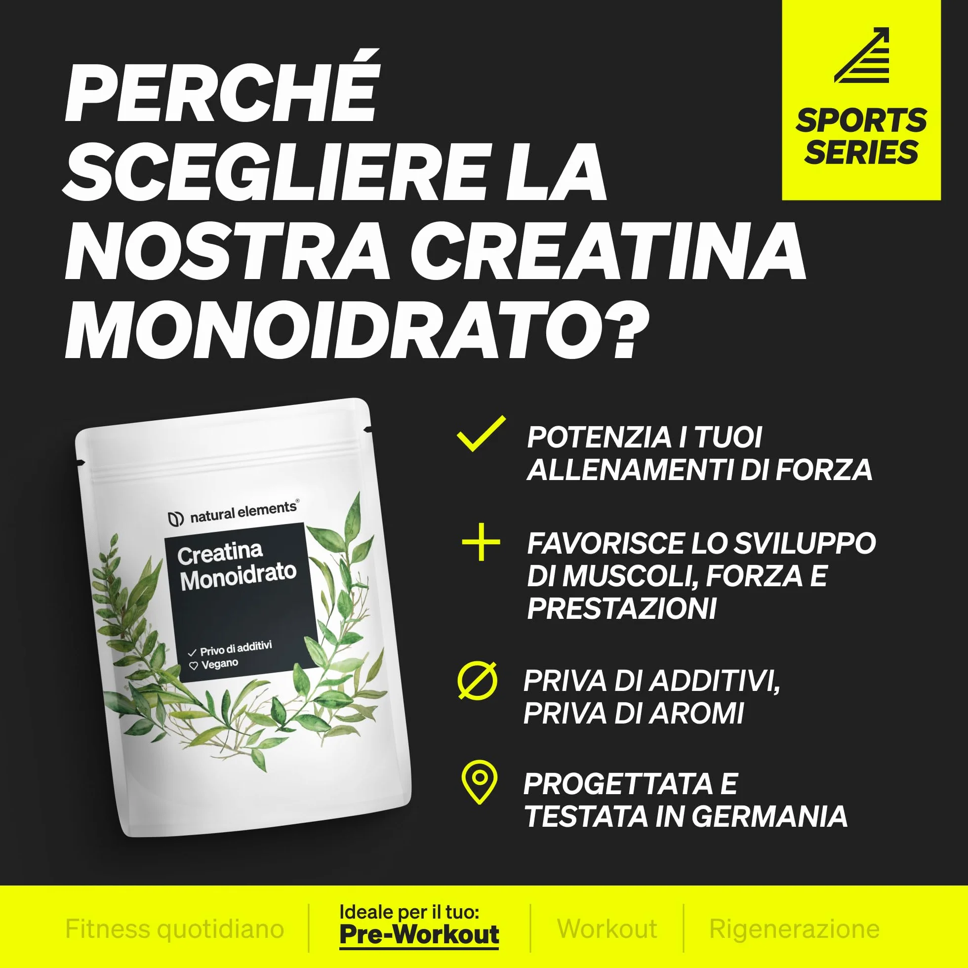 Creatina Monoidrata, 500g Polvere Ultrafine (mesh 200), Integratore per Allenamento, Sport, Palestra e Pre, prodotta e testata in Laboratorio in Germania, senza Additivi inutili, con Misurino, Vegan