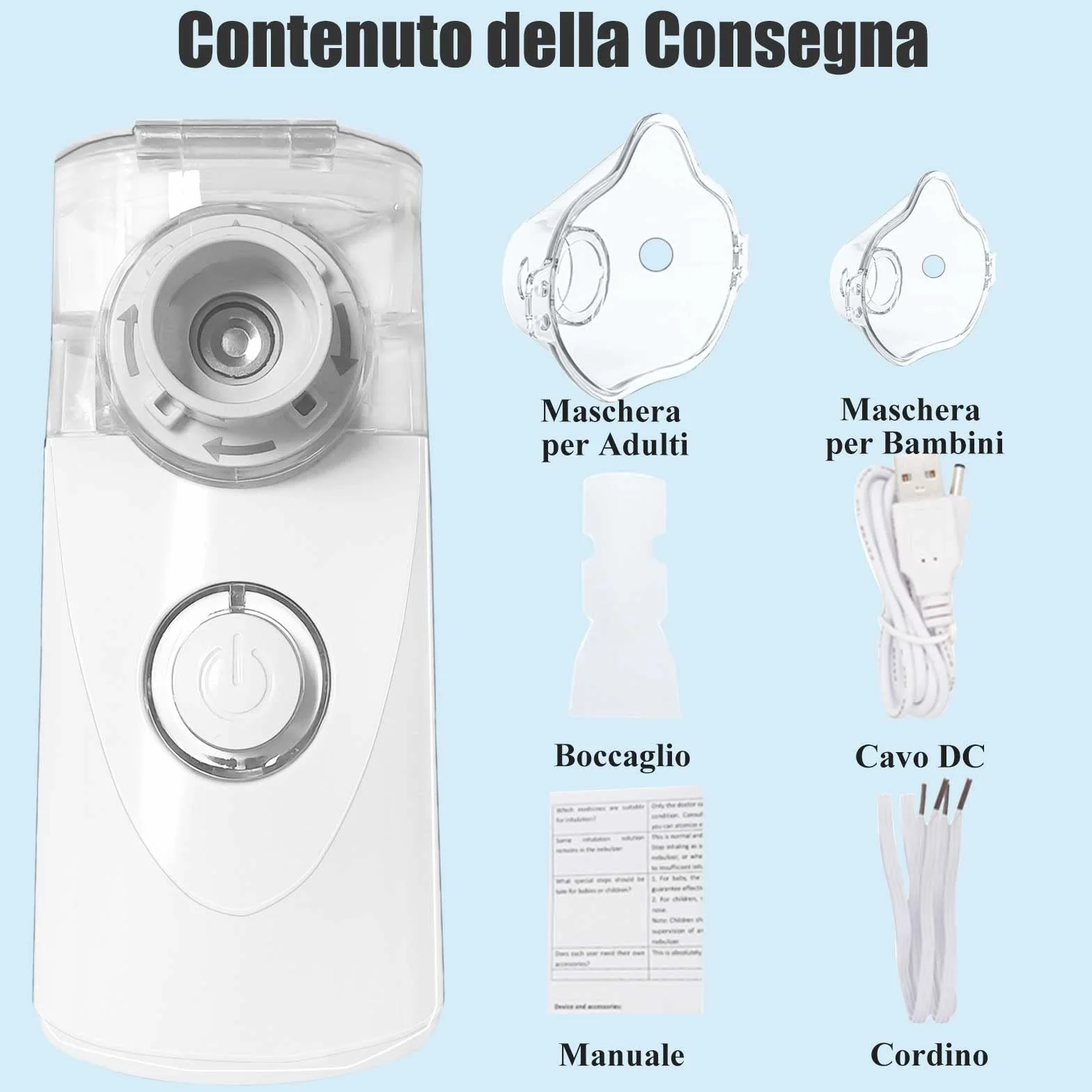 Aerosol Portatile Silenzioso Wholede con 2 Maschere e 1 Boccaglio, USB-C Ricaricabile, per Adulti e Bambini (Blu)
