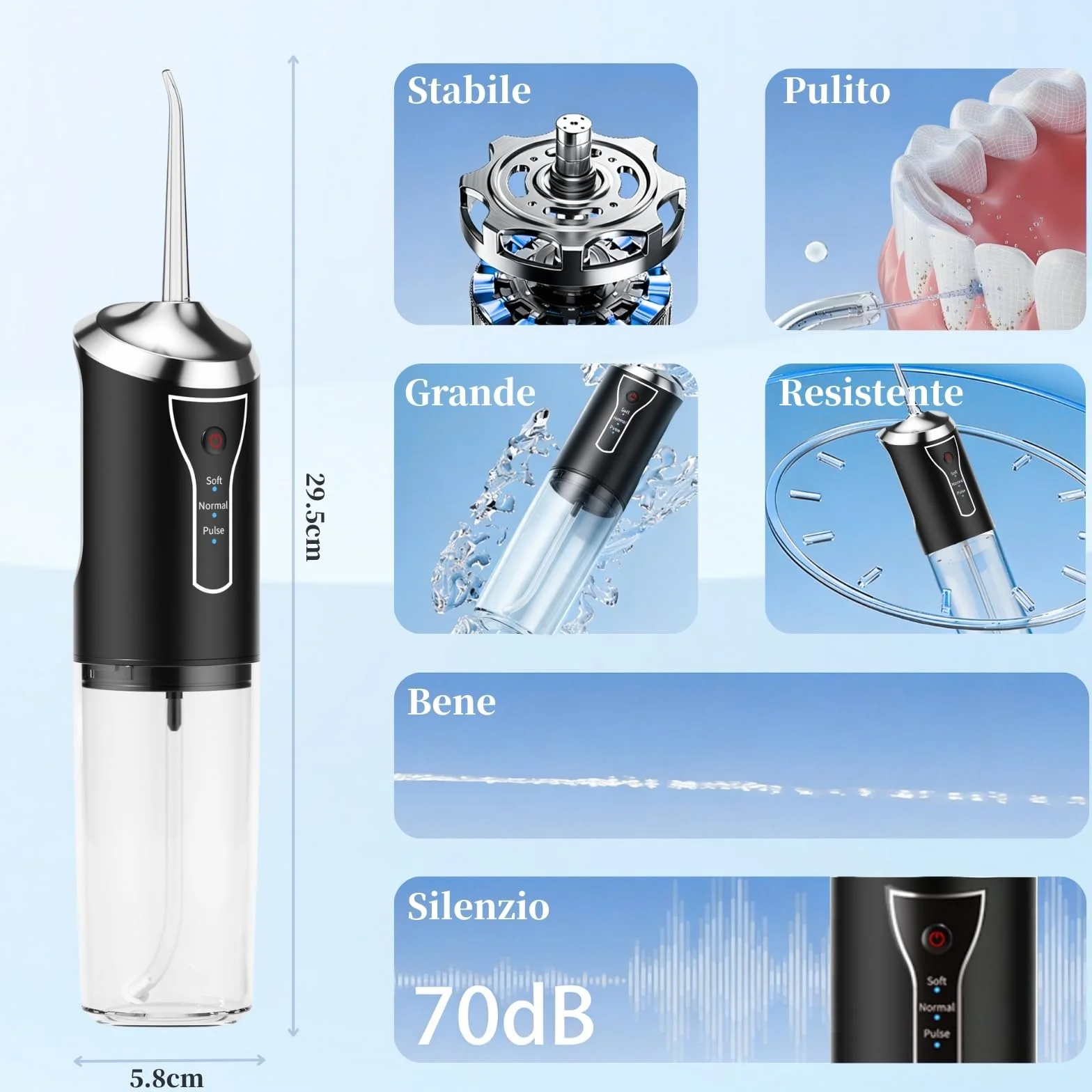 Idropulsore Dentale Portatile Denti, Water Flosser, Scovolino Denti, Irrigatore Orale 4 Modalità e 3 Intensità, Serbatoio da 230ml, Wasserdicht und Wiederaufladbar per Viaggi e Casa