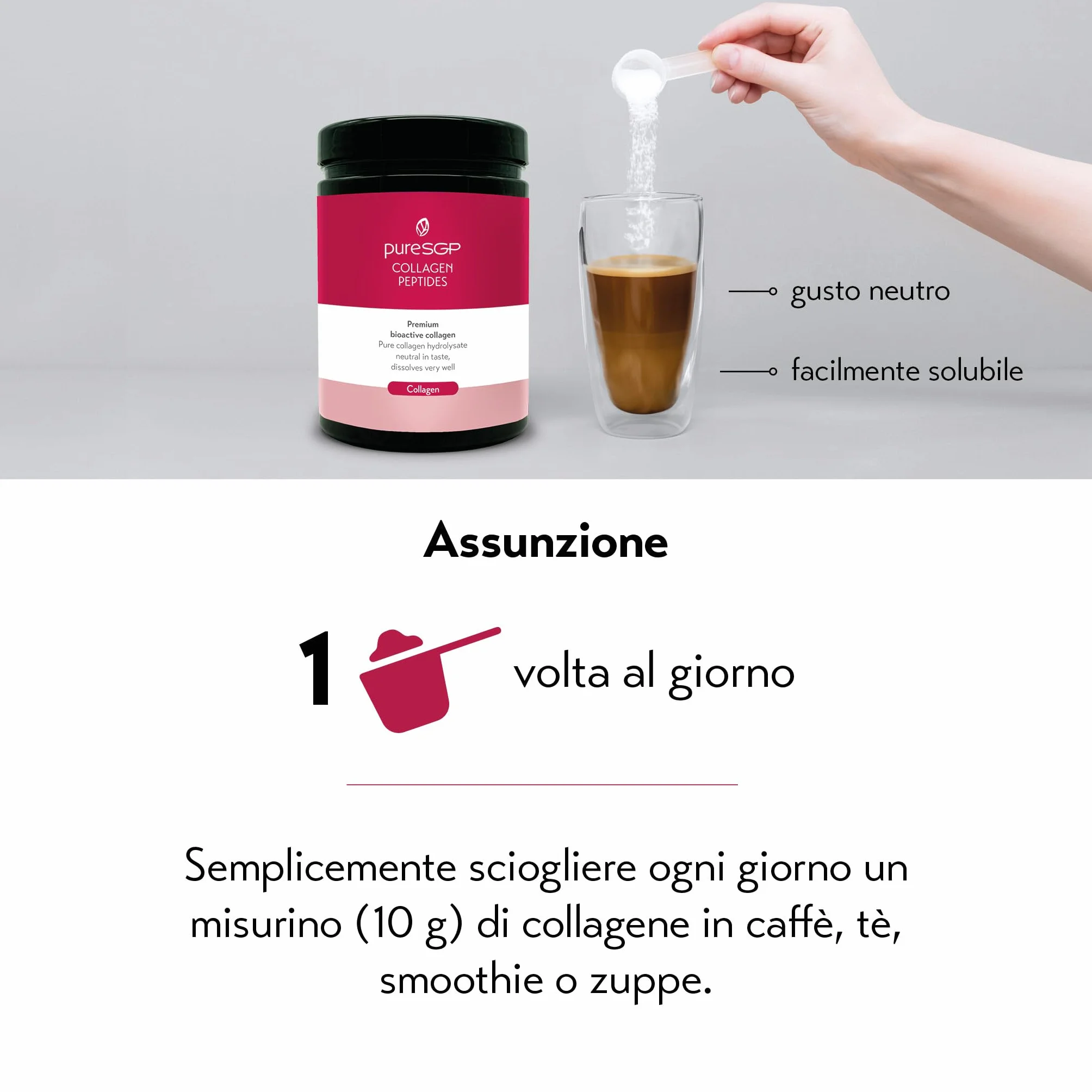 PureSGP Collagen 300g Collagene Puro Qualità Farmaceutica Peptidi Bioattivi Vitamina C Biotina Gusto Neutro