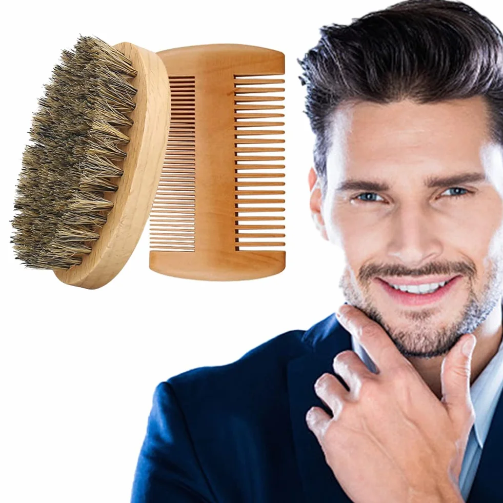 Set di Spazzola Barba con Setole di Maiale e Pettine, Spazzola da Barba con Setole di Maiale, Regali Compleanno per Papà Fidanzato Marito Padri
