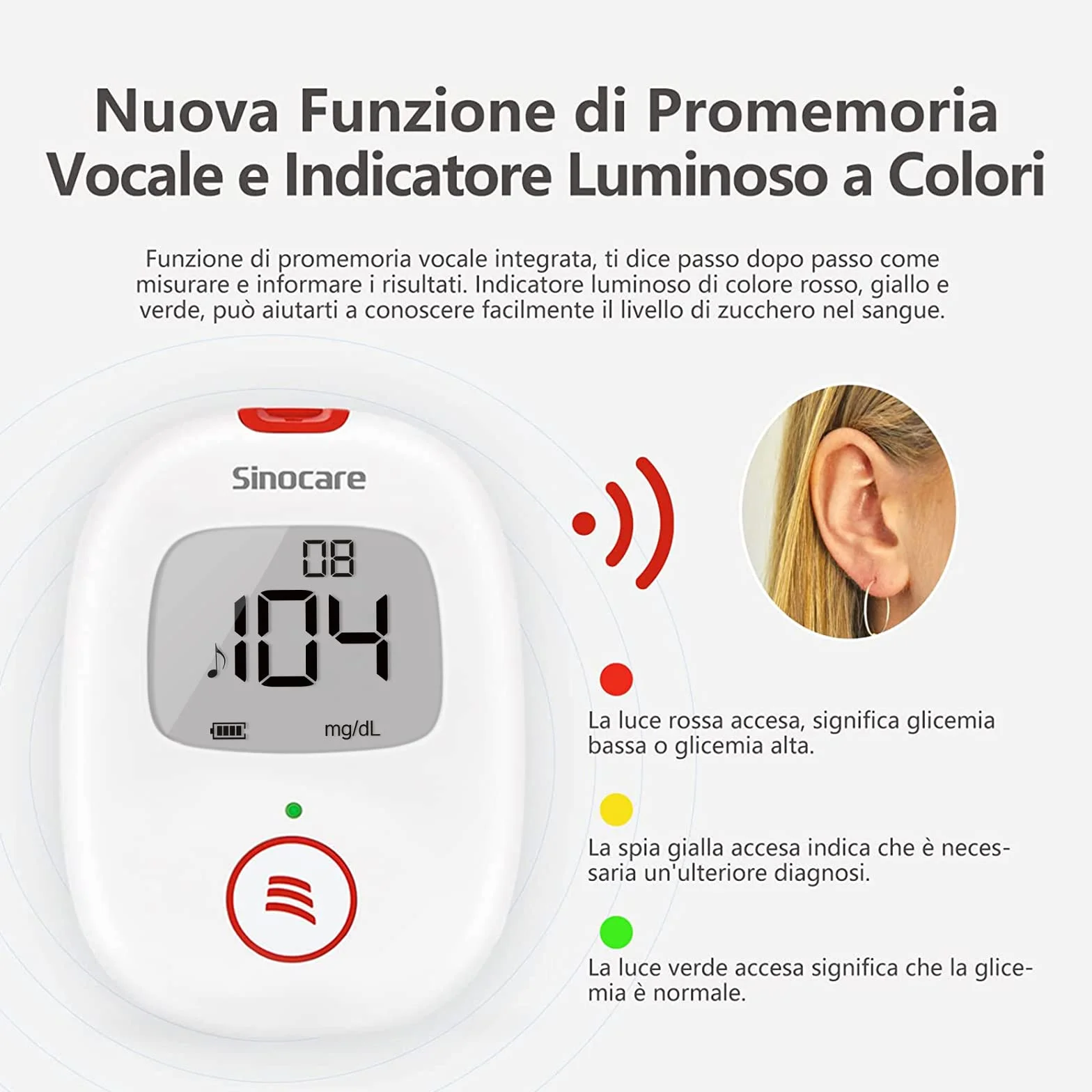 Sinocare Safa AQ Voice Misuratore Glicemia Glucometro, 25 Strisce e 25 Lancette
