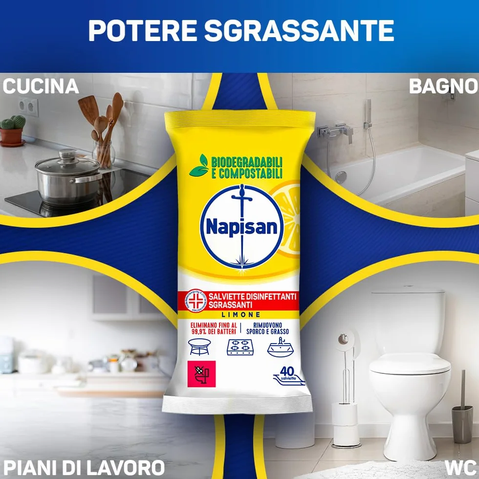 Napisan Salviette Disinfettanti Sgrassanti al Limone 5x80 Biodegradabili Compostabili Multisuperfici