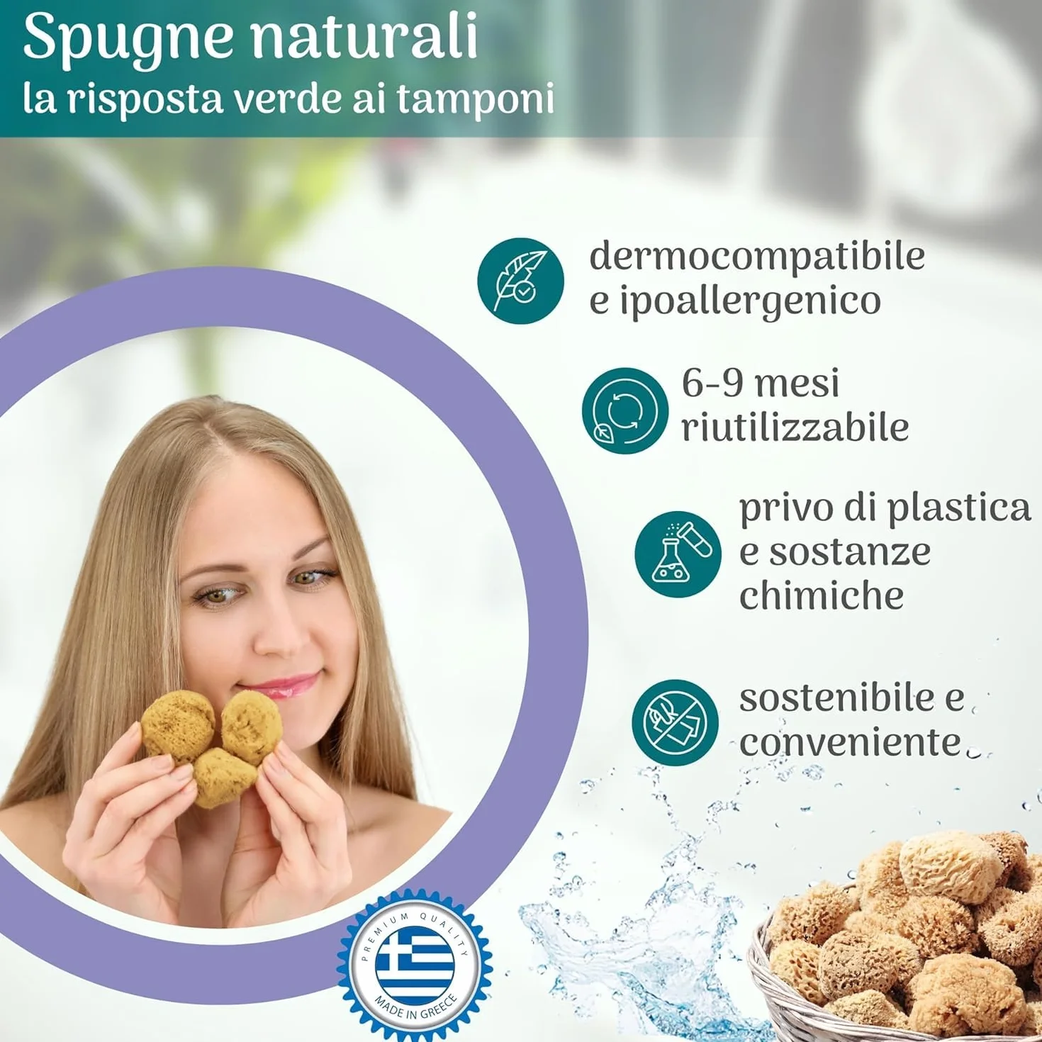 Spugna Naturale del Mediterraneo per il Corpo, Non Sintetica (5 PEZZI - SPUGNA MESTRUALE GRANDE DA 6-7 CM)