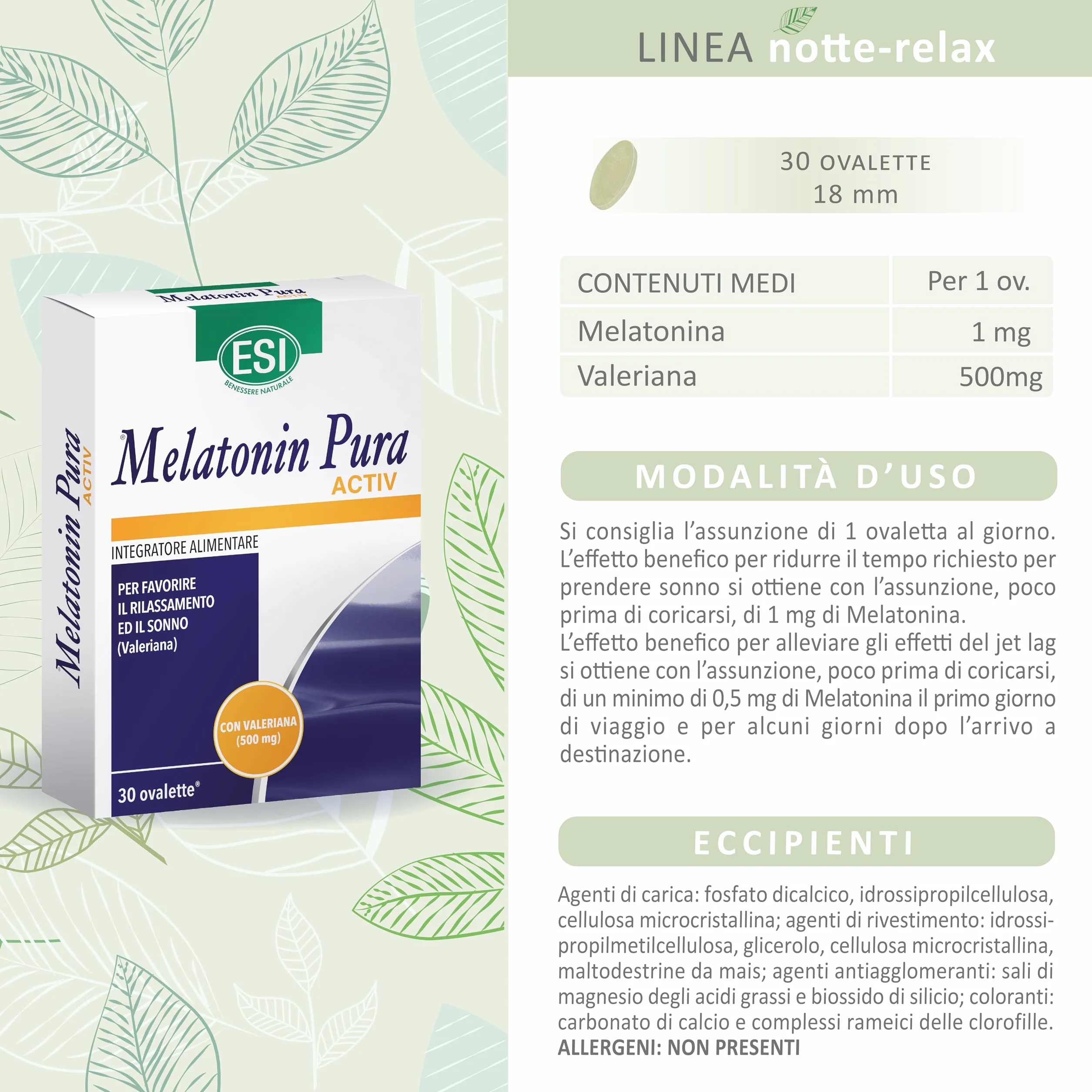 ESI Melatonin Pura Activ Integratore Alimentare Melatonina Valeriana Sonno Stress 30 Ovalette