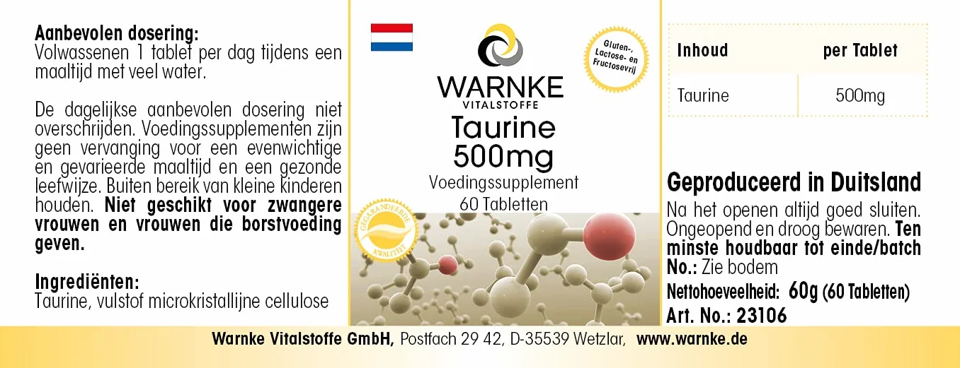 Taurina 500 mg - 60 Compresse - Vegan | Warnke Vitalstoffe