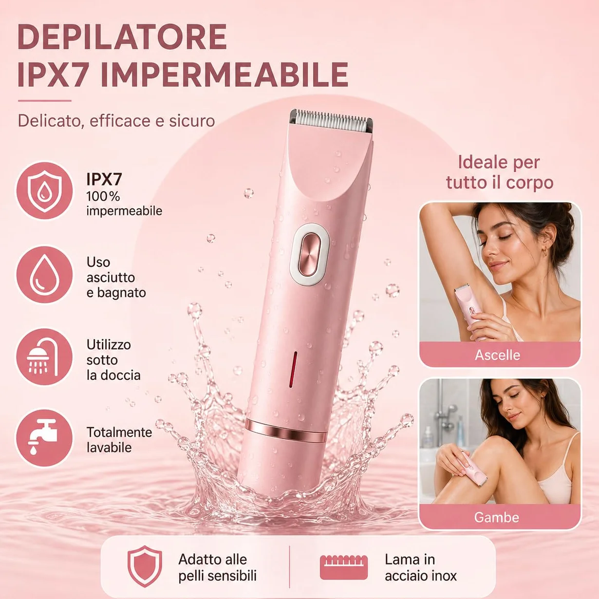 Rasoio Elettrico Donna 2 in 1 IPX7 Impermeabile Depilatore Bikini Doppia Testina