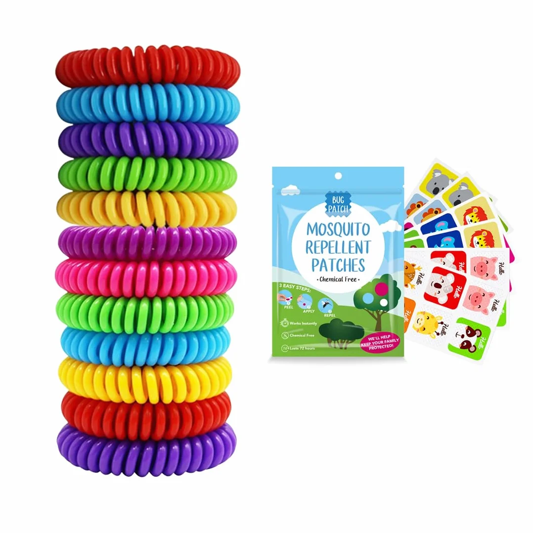 Bracciali Antizanzare a Spirale Set 10 + 36 Cerotti, Oli Essenziali Naturali, Senza DEET per Famiglia e Bambini