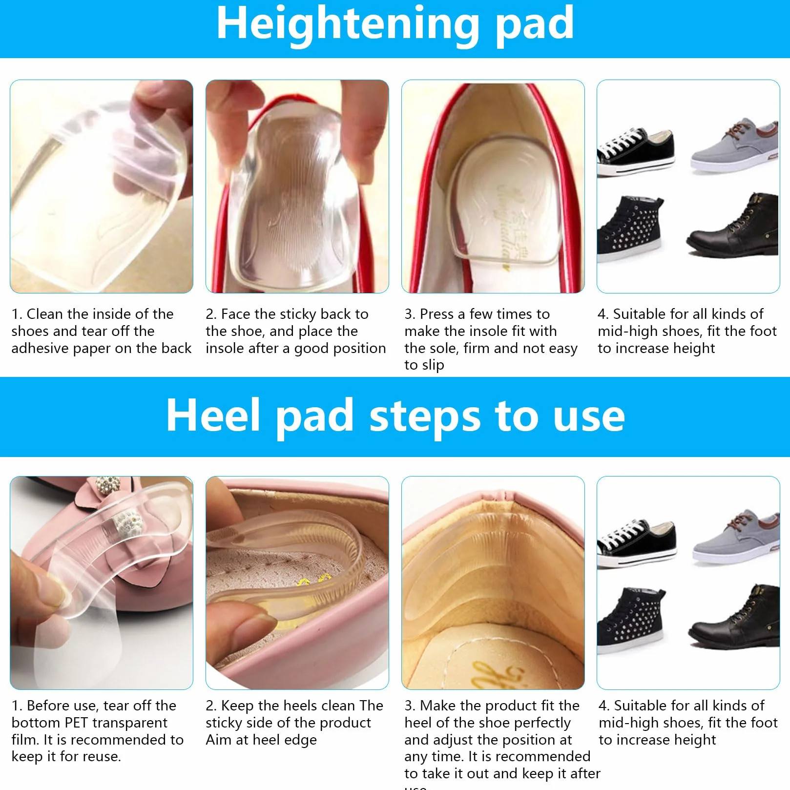 3 Paia Altezza Aumentando Tallone Solette, 1/2/3cm Rialzo Tallone per Scarpe, Solette Rialzate Donna, Talloniera di Silicone di Altezza Solettes + 1 Paio Cuscinetti per Tallones