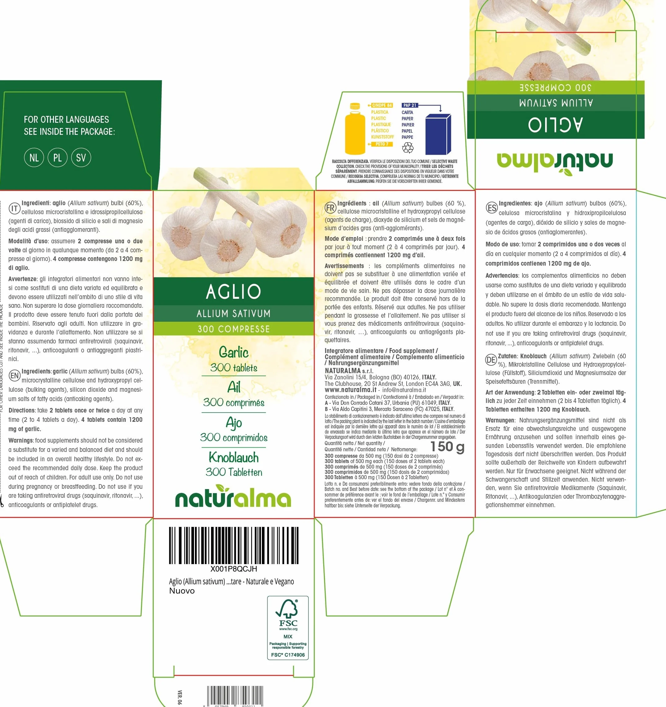 Aglio (Allium sativum) bulbi Naturalma - 150 g - 300 compresse - Integratore alimentare - Naturale e Vegano