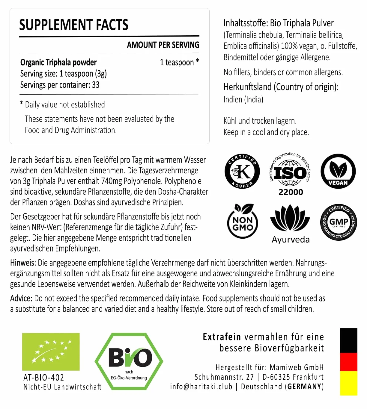 Polvere biologica Triphala | qualità premium – macinato extra fine | testato di laboratorio e certificato biologico | Haritaki, Bibhitaki, Amalaki (Amla) | Ayurveda