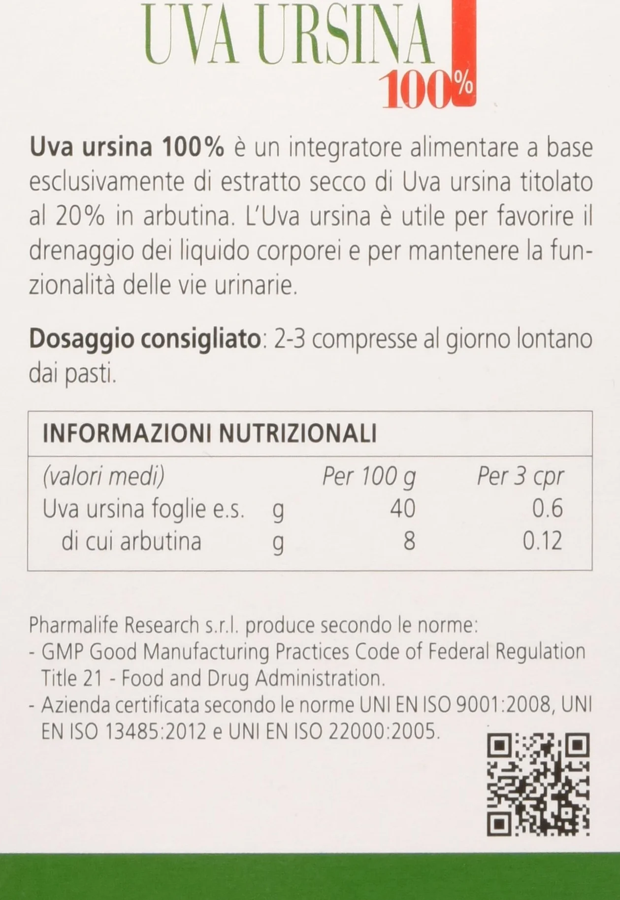 Pharmalife Research Uva Ursina 100% Integratore Alimentare 60 Compresse