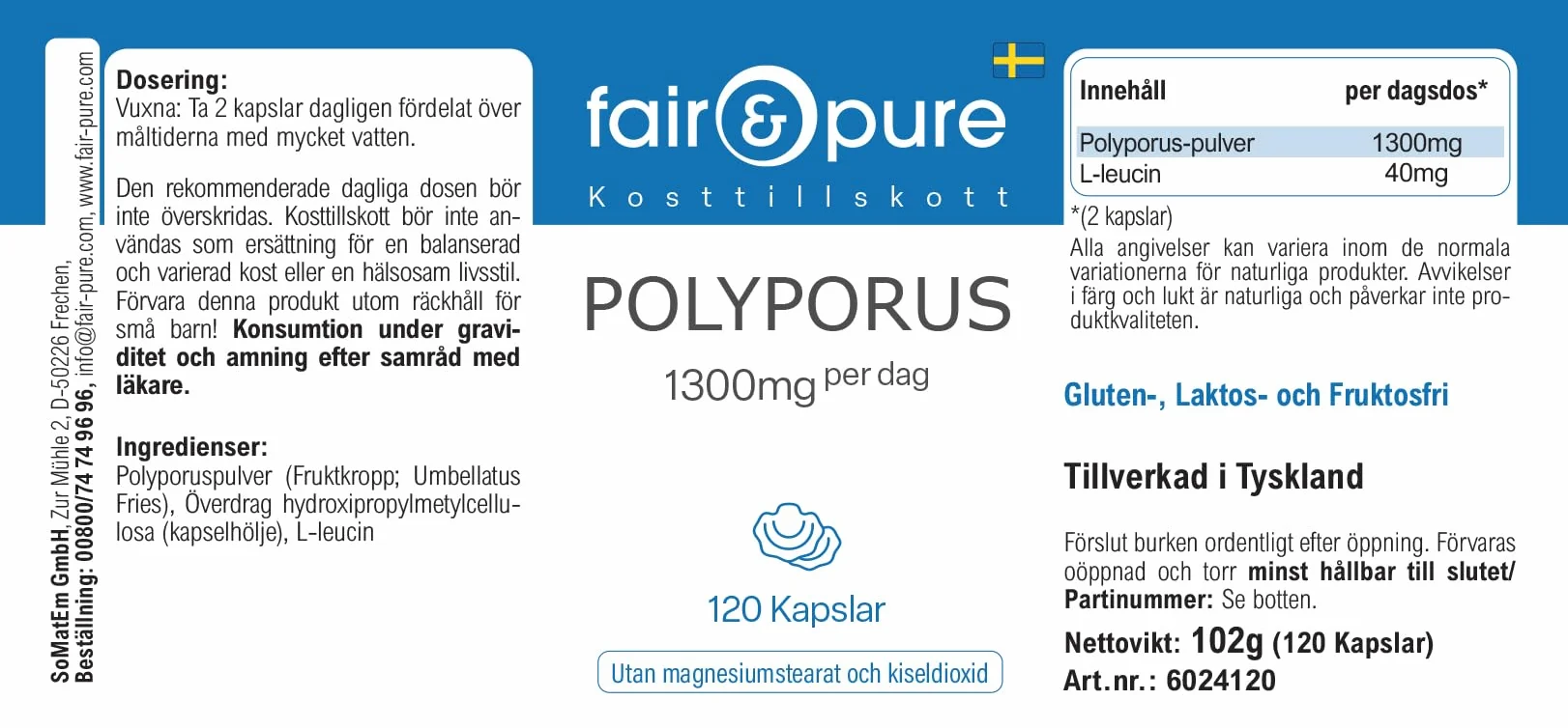 Fair & Pure® - Polyporus umbellatus - Polyporus 1300mg - Vegan - Polvere in capsule - 120 Capsule