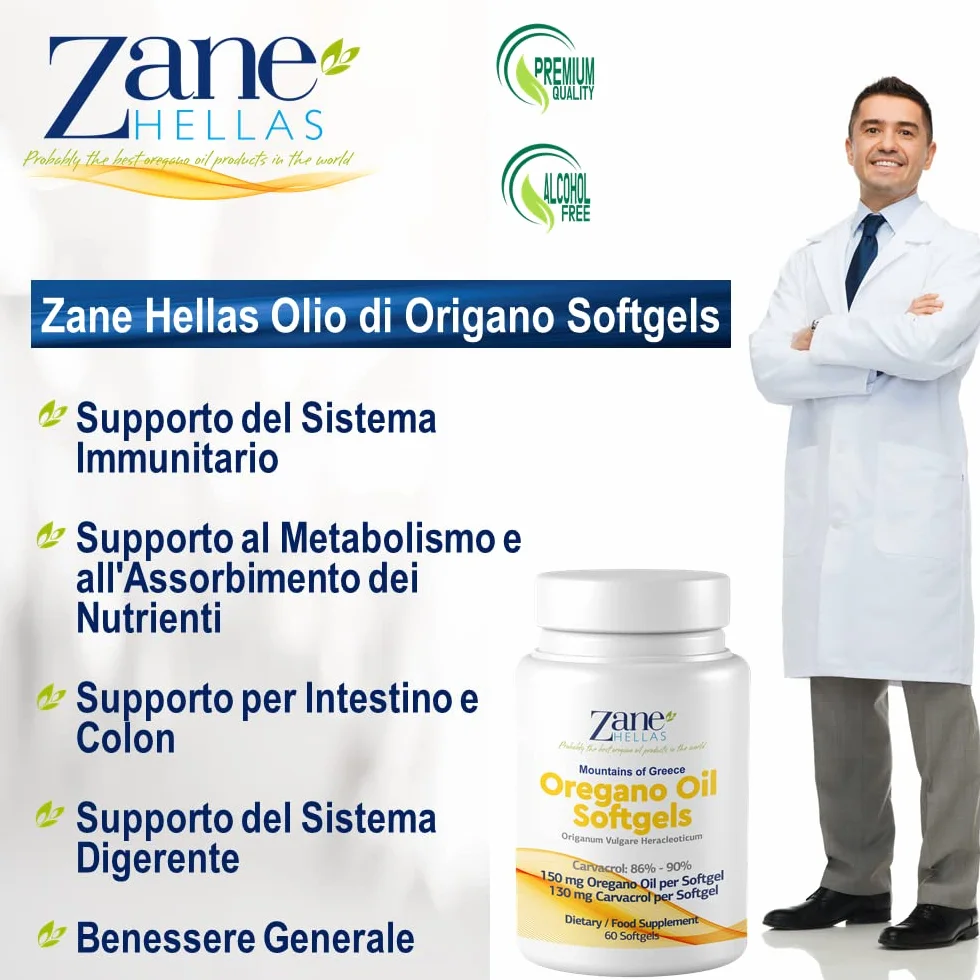 Zane Hellas Oregano Oil Softgels 30% Greek Essential Oil 130 mg Carvacrol 2-Pack