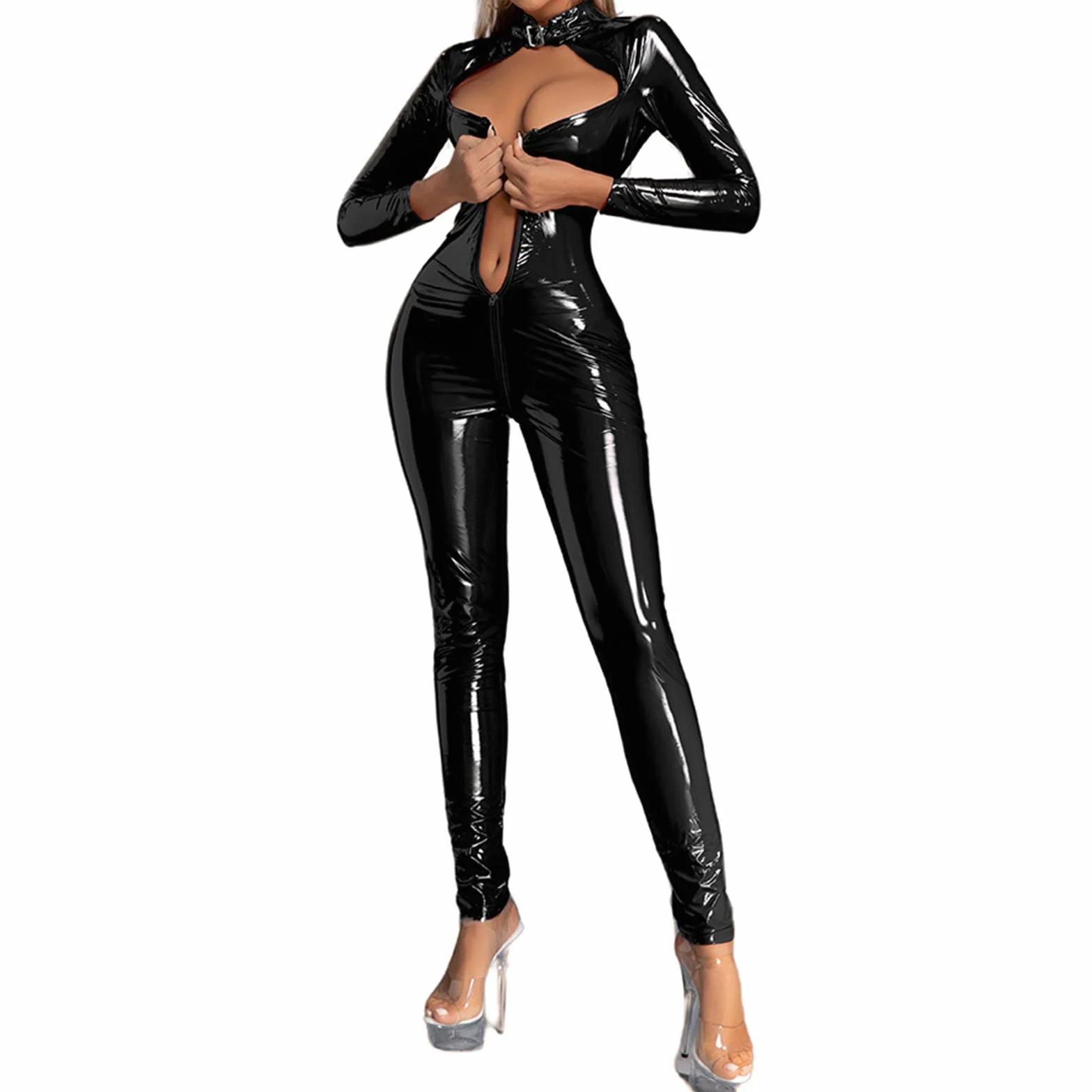 Tuta da donna in lattice Wetlook sexy slim fit per clubwear