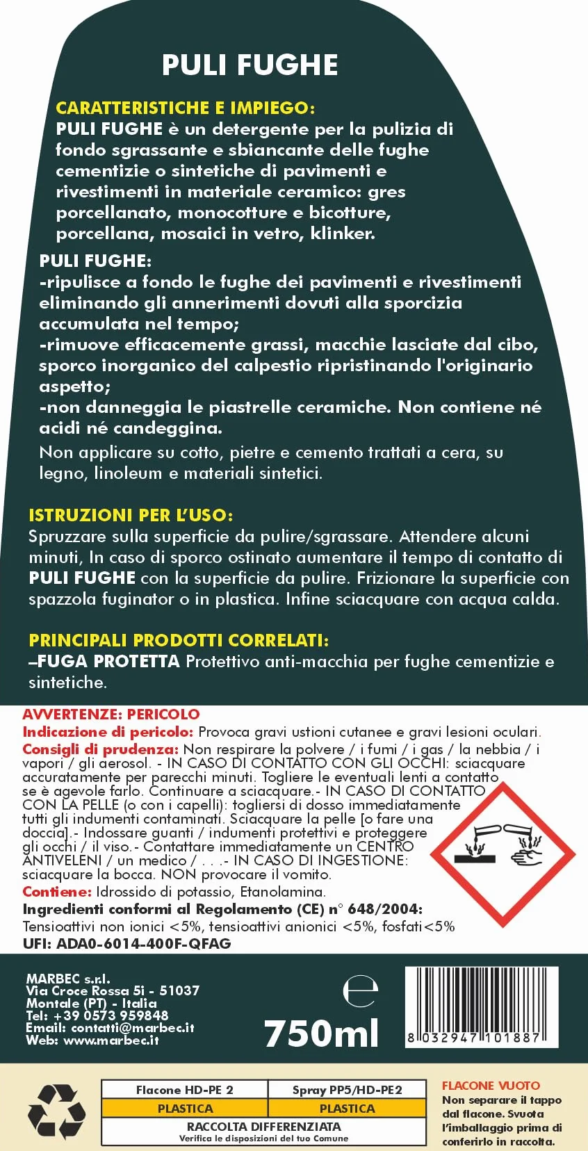 MARBEC PULI FUGHE 750ML Detergente smacchiatore per fughe