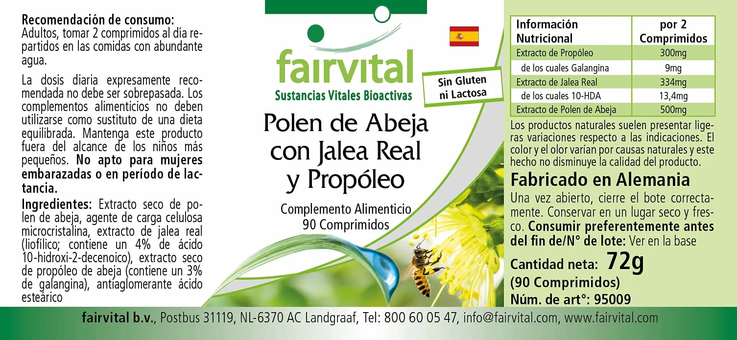 Fairvital Pollen d'api con pappa reale e propoli, 90 compresse, Alto Dosaggio