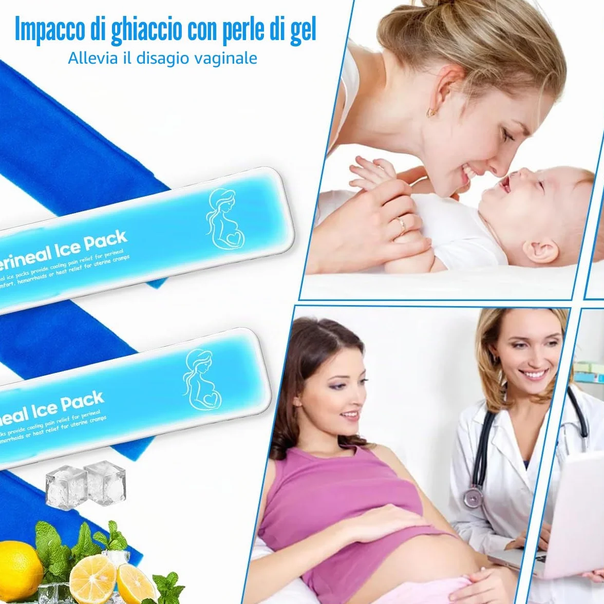 Impacchi di ghiaccio perineali riutilizzabili, emorroidi postpartum, cura del recupero del parto, 2 cuscinetti in gel + 3 maniche lavabili (blu)