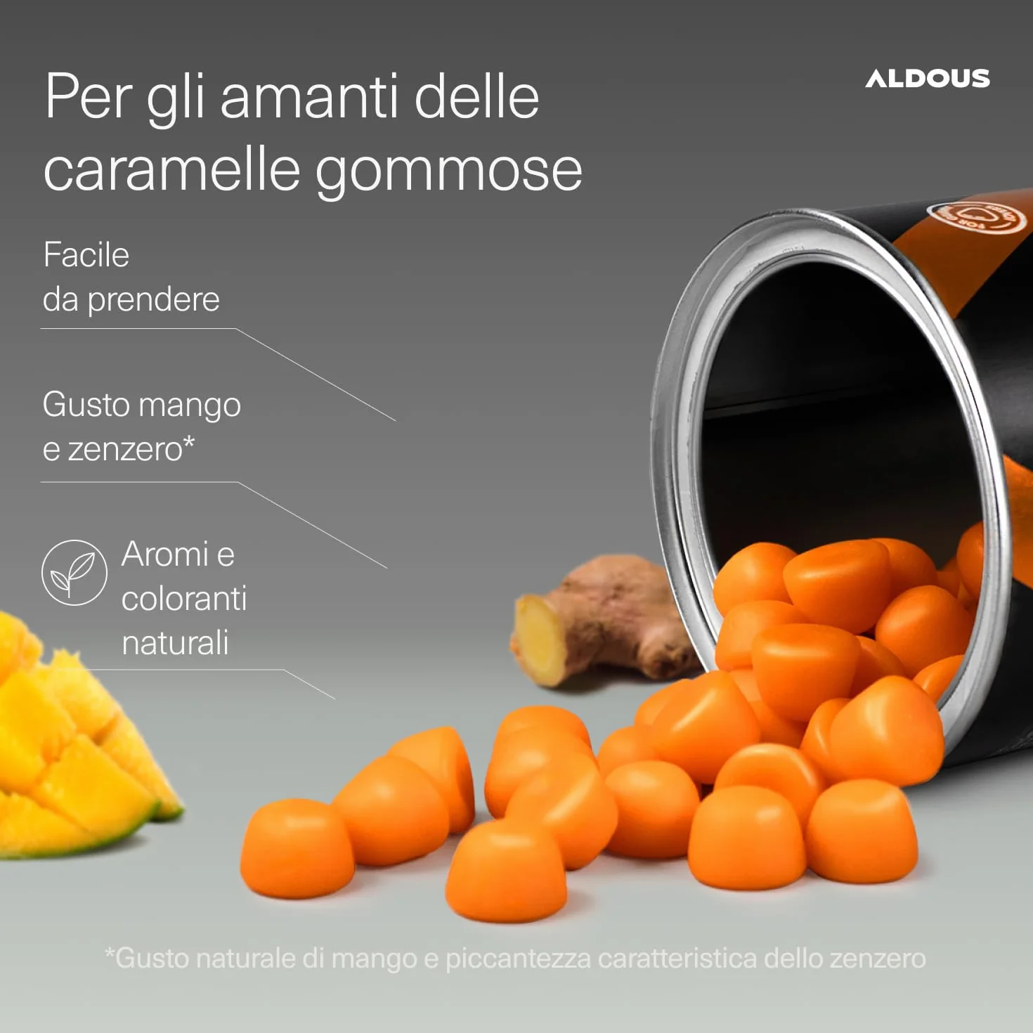 Curcuma e Zenzero con Pepe Nero + PROBIOTICI - 2500mg - 120 Caramelle Gommose - Sapore Naturale di Mango e Zenzero Piccante - ALDOUS