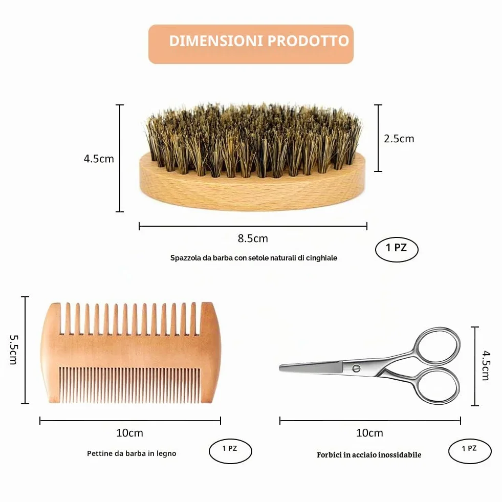 Spazzola Barba Uomo, Setole di Cinghiale, Pettine, Forbici (3pcs)