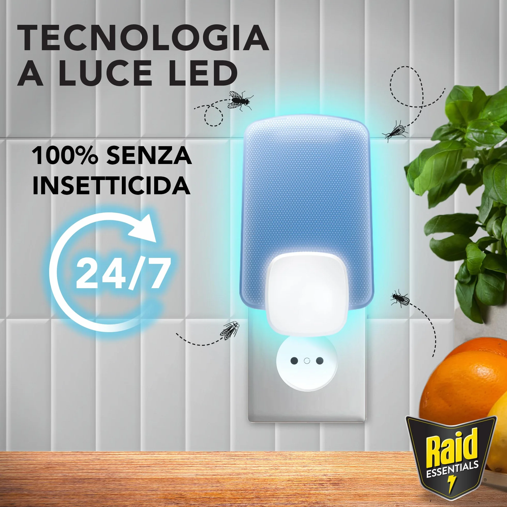 Raid Essentials Trappola Insetti Volanti Base Antimosche, Antimoscerini e Antitarme, Senza Insetticida, Protezione 24/7 dagli Insetti Volanti, per uso Interno, 1 Trappola e 1 Ricarica