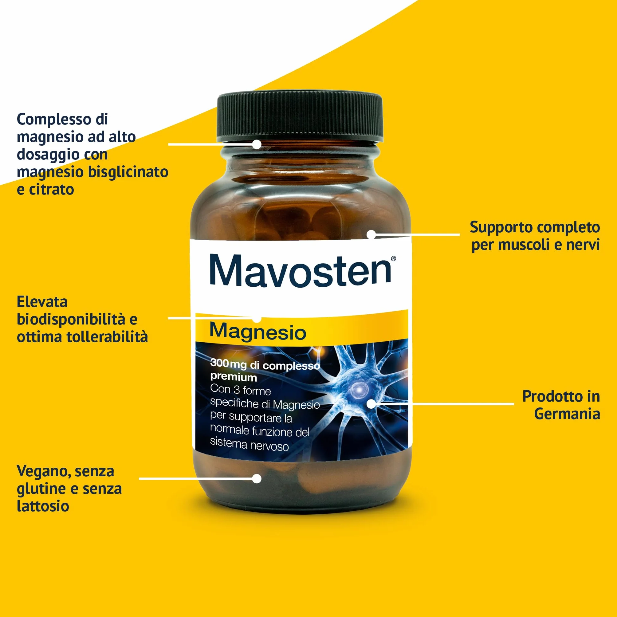 Mavosten® Magnesio [60 capsula] – complesso premium ad alto dosaggio con magnesio bisglicinato | elevata biodisponibilità | testato in laboratorio | vegano | dallo specialista del sistema nervoso