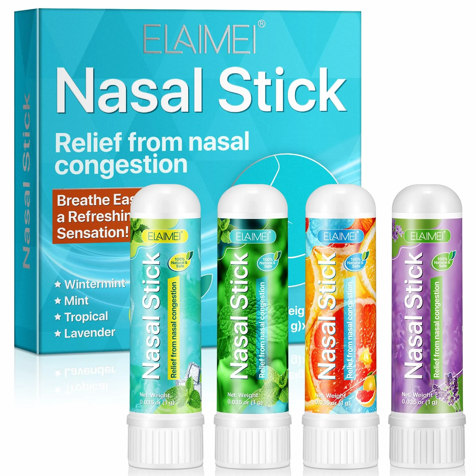 Nasal Stick 4 Pack, Inalatore Nasale, Rapido Sollievo dal Naso Chiuso, Migliora la Respirazione e Aumenta la Concentrazione, Realizzato con Oli Essenziali e Mentolo