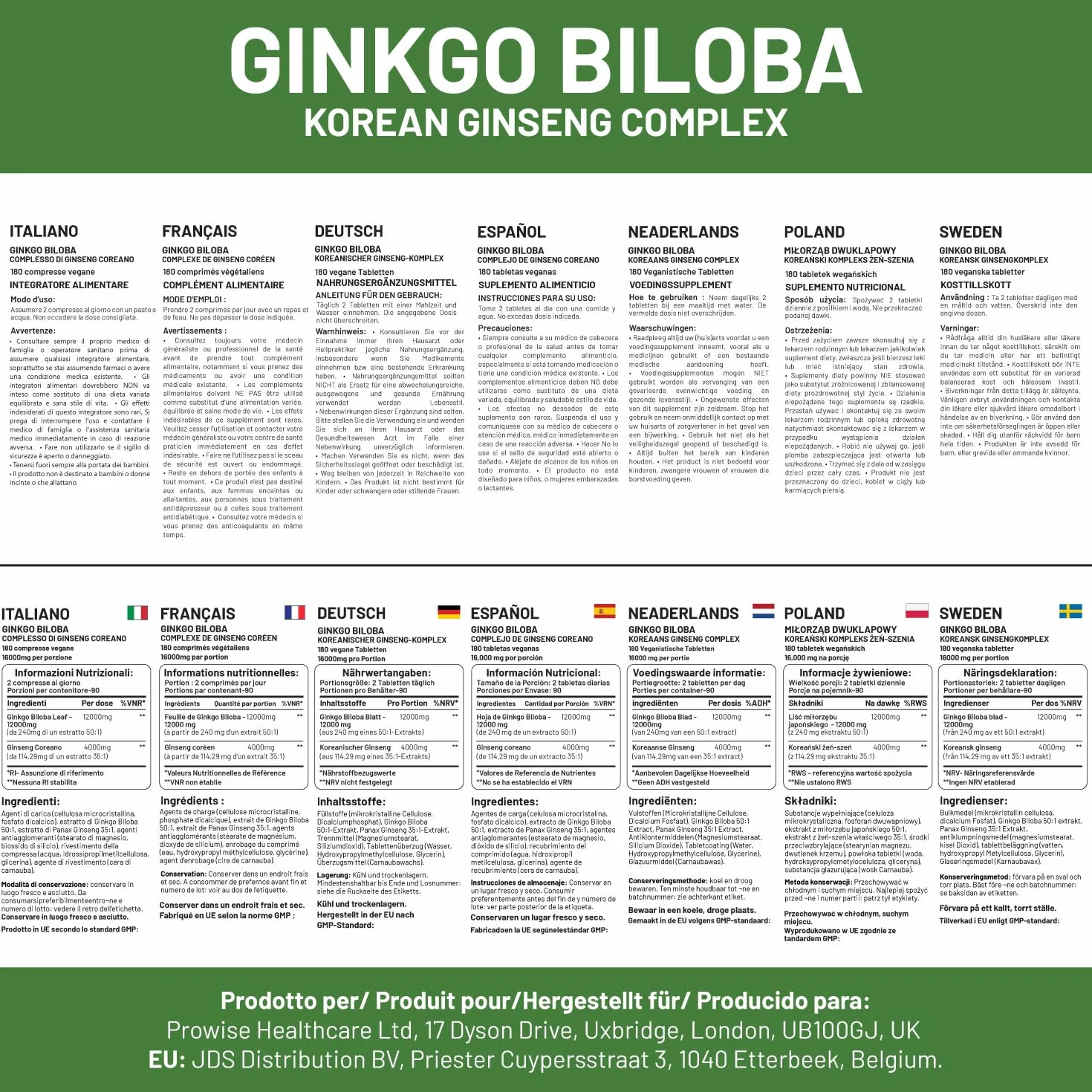 Ginkgo Biloba e Ginseng Coreano 16000mg 180 compresse vegane Prowise Healthcare
