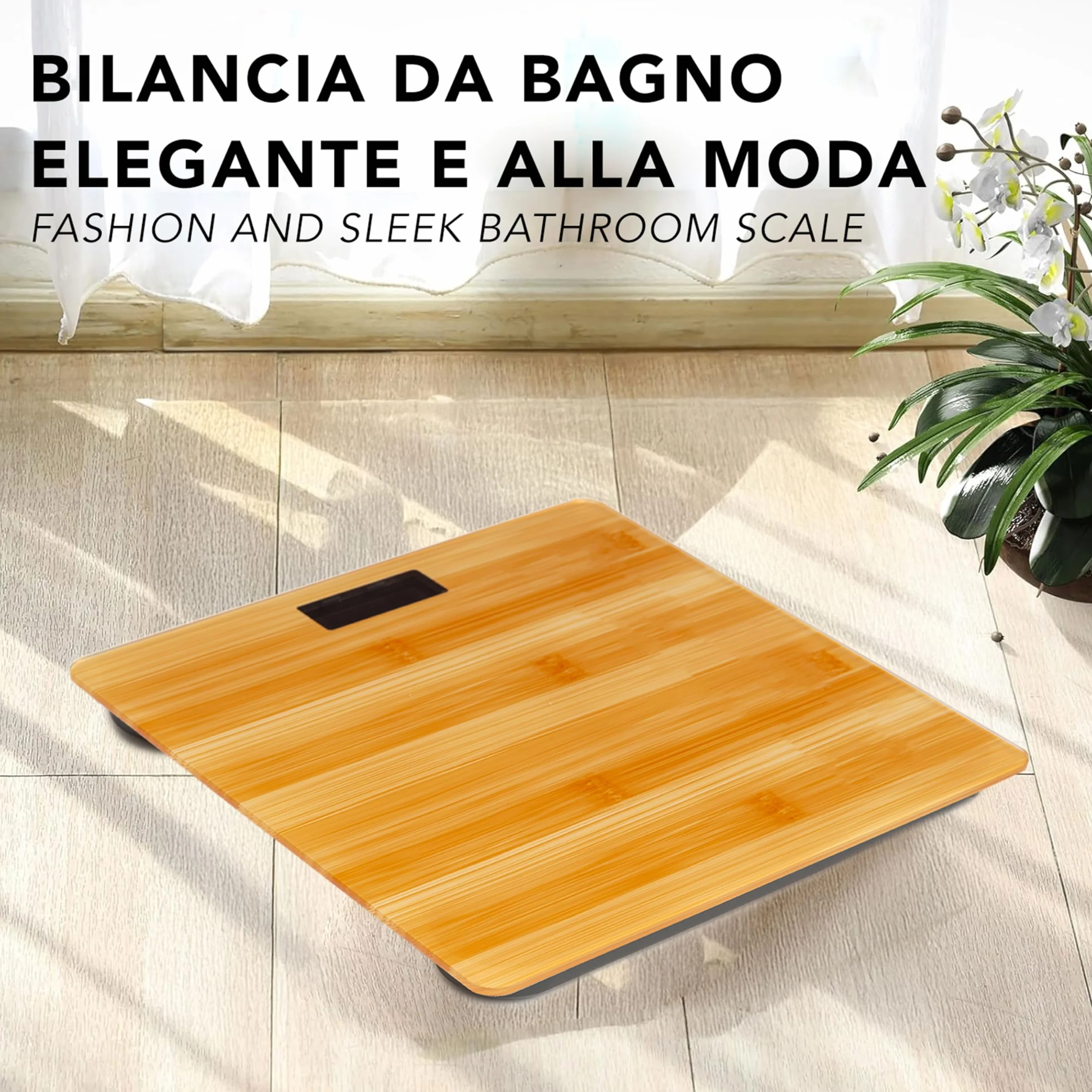 IPEA Bilancia Pesapersone Digitale Ultra Sottile color Legno - Tecnologia STEP ON - Massima Precisione Peso - Design Elegante in Vetro Temperato - Display Misurazione precisa 0,1 KG - Max 180Kg