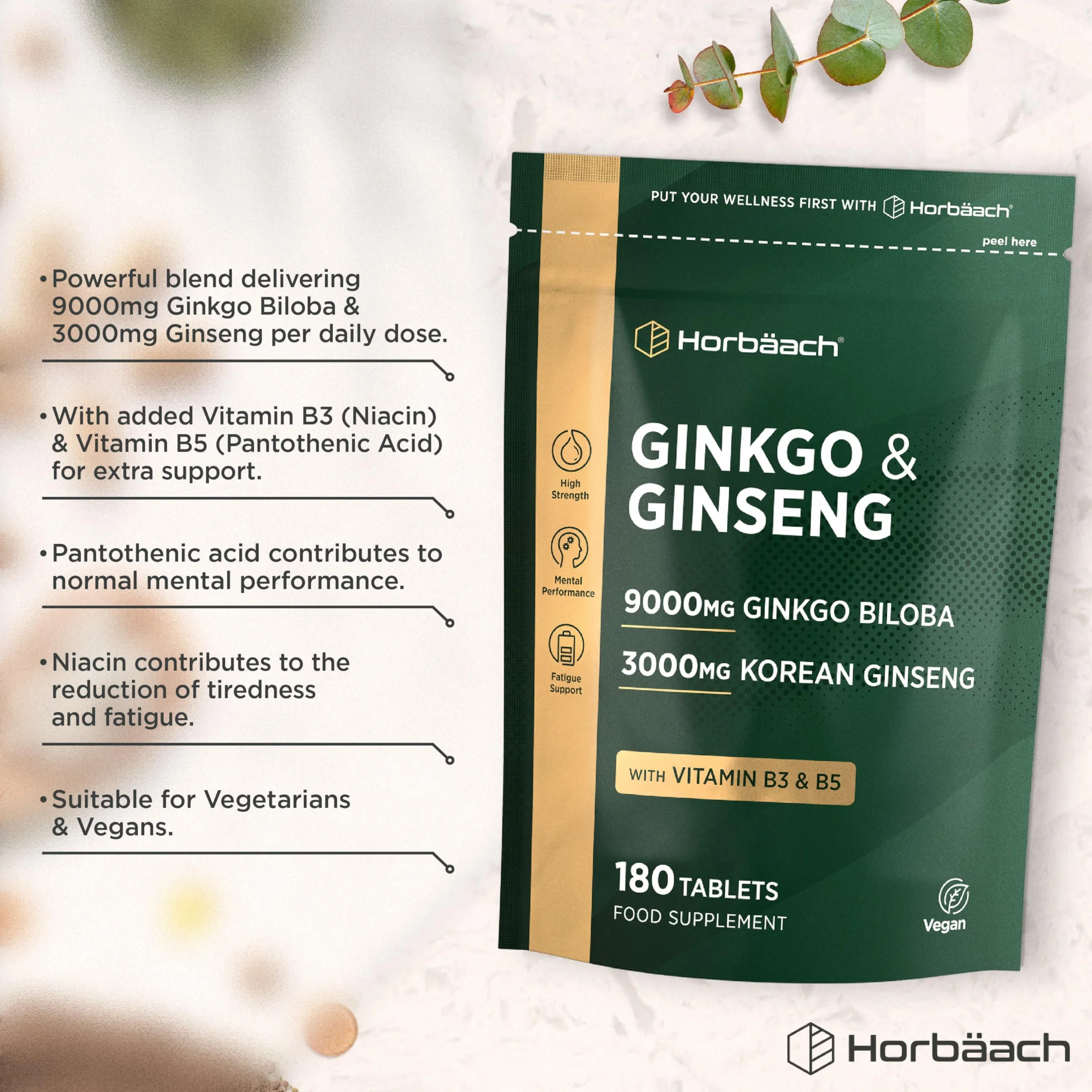 Horbaach Ginkgo Biloba e Ginseng Integratore 9000 mg 3000 mg 180 compresse vegane