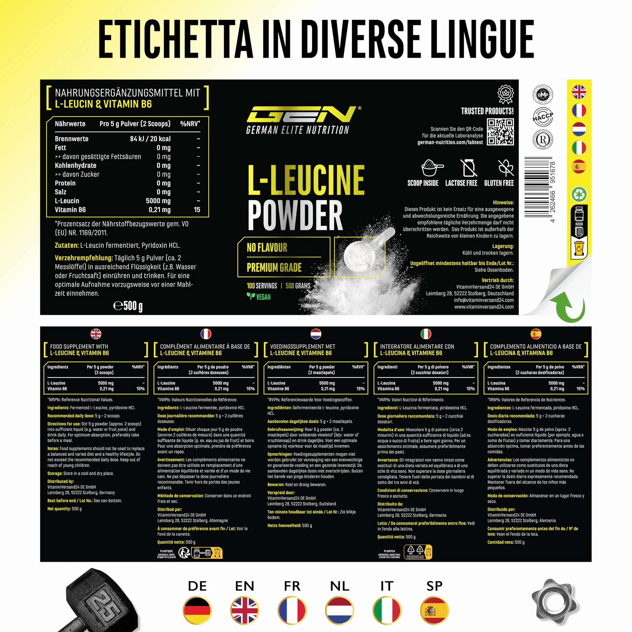 Leucina - 500 g di polvere - Elevata purezza - Materia prima premium: L-leucina naturale fermentata - Aminoacido - Senza additivi indesiderati, vegan