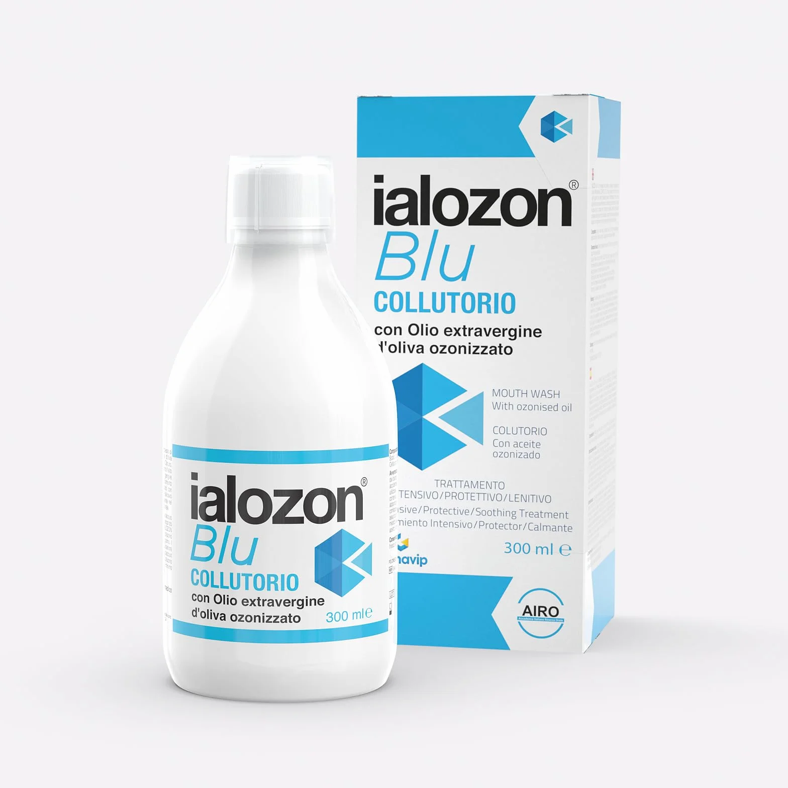 Ialozon Blu Collutorio con olio d’oliva ozonizzato, acido ialuronico, aloe vera, vitamina e bicarbonato di sodio, Senza alcol