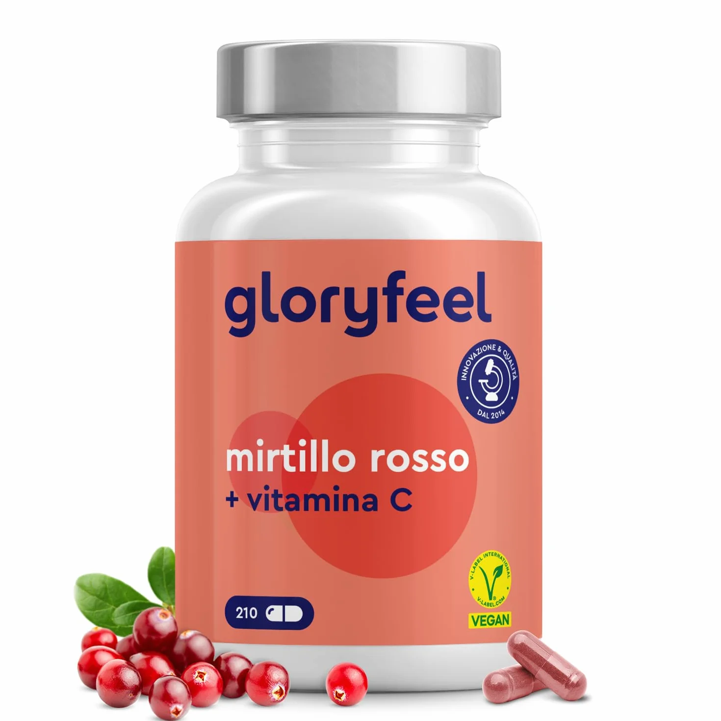 Cranberry Capsule 210 con Estratto di Mirtillo Rosso + Vitamina C, Integratore ad Alto Dosaggio per Vie Urinarie, Vegan