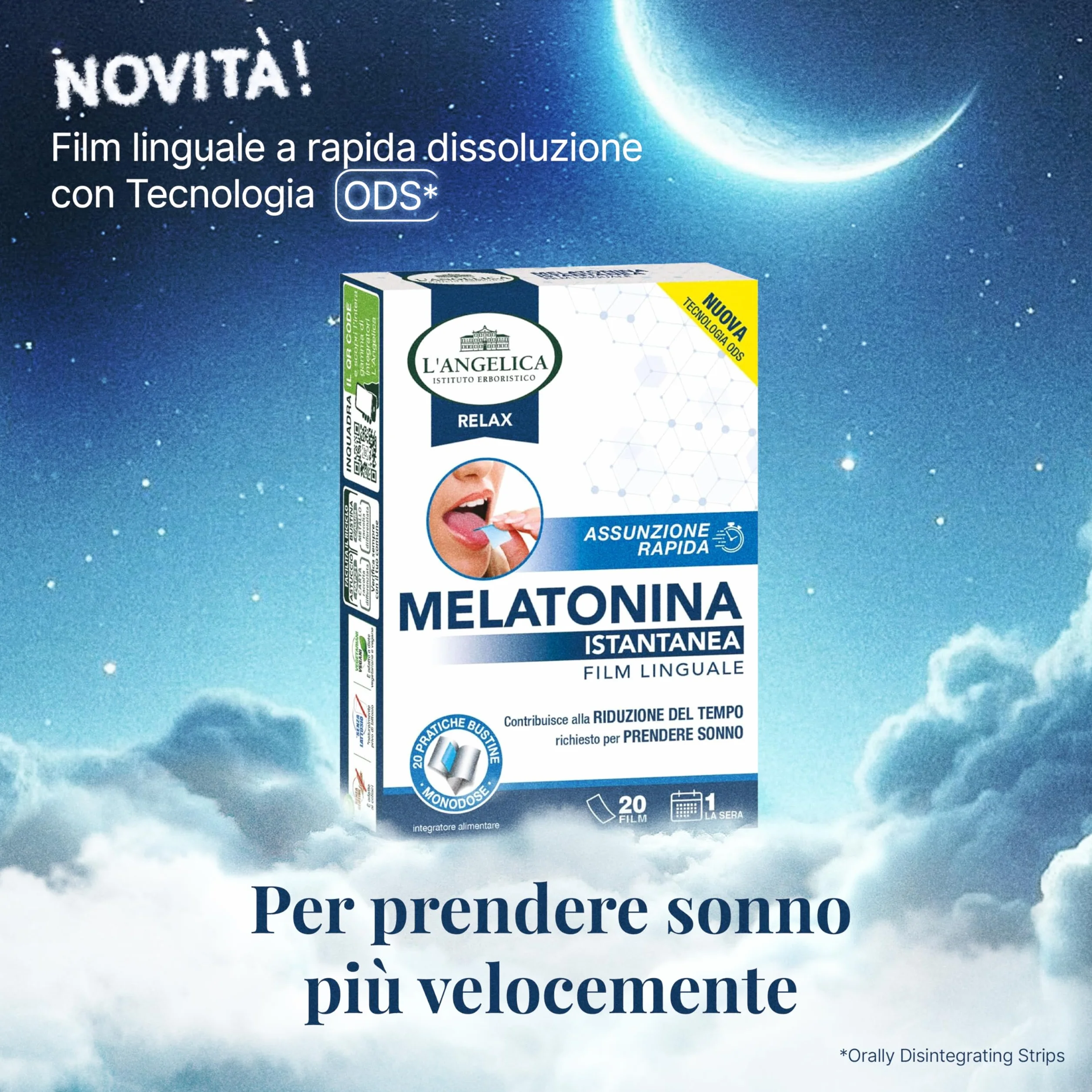 L'Angelica Melatonina Istantanea Film Linguale, Integratore Sonno Rapido, 20 Film