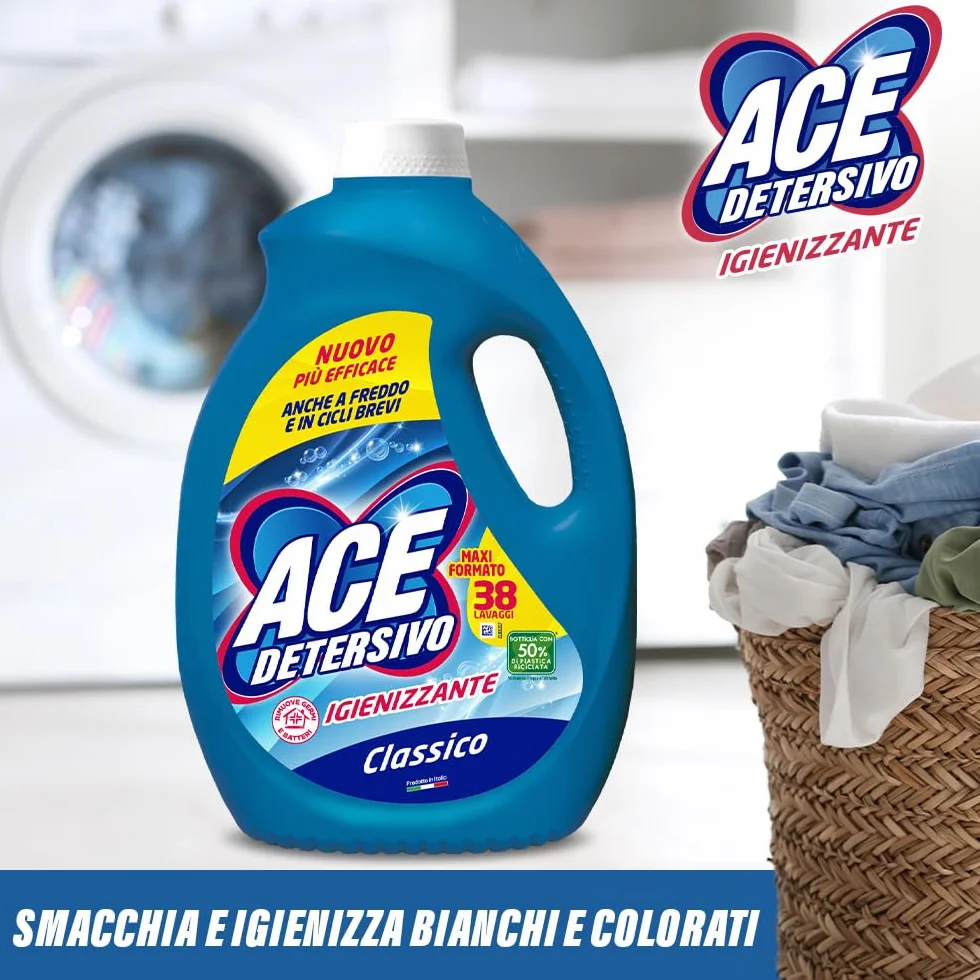 ACE Detersivo Igienizzante Classico – Detersivo Liquido Lavatrice, Rimuove Macchie e Sporco, Igienizza Tessuti, Bucato Pulito e Fresco anche a Freddo, Formula Efficace e Profumo Duraturo, 152 lavaggi