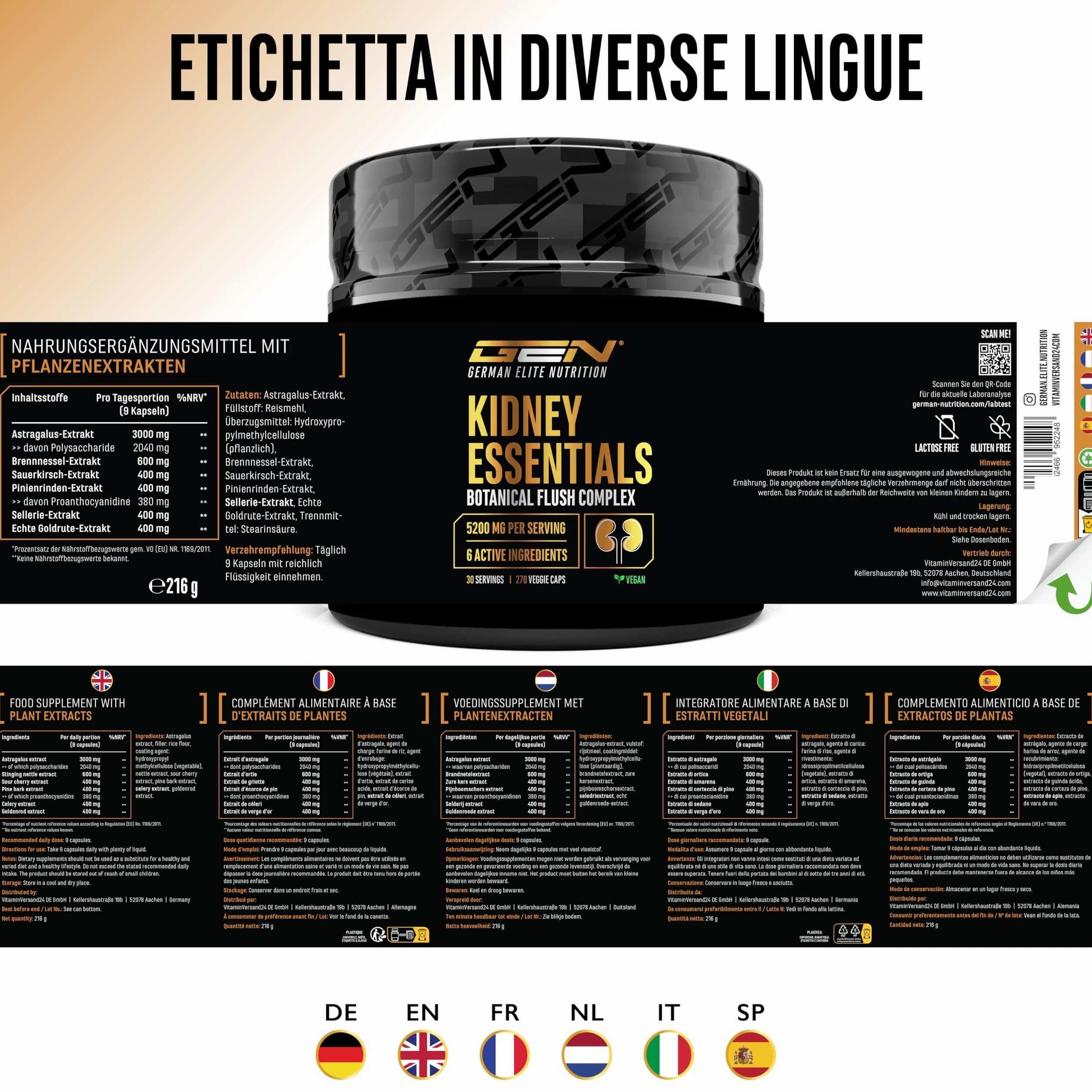 Complesso Botanical Flush ad Alto Dosaggio con Astragalo, Ortica, Amarena, Corteccia di Pino, Sedano e Verga d'Oro - 270 Capsule Vegane
