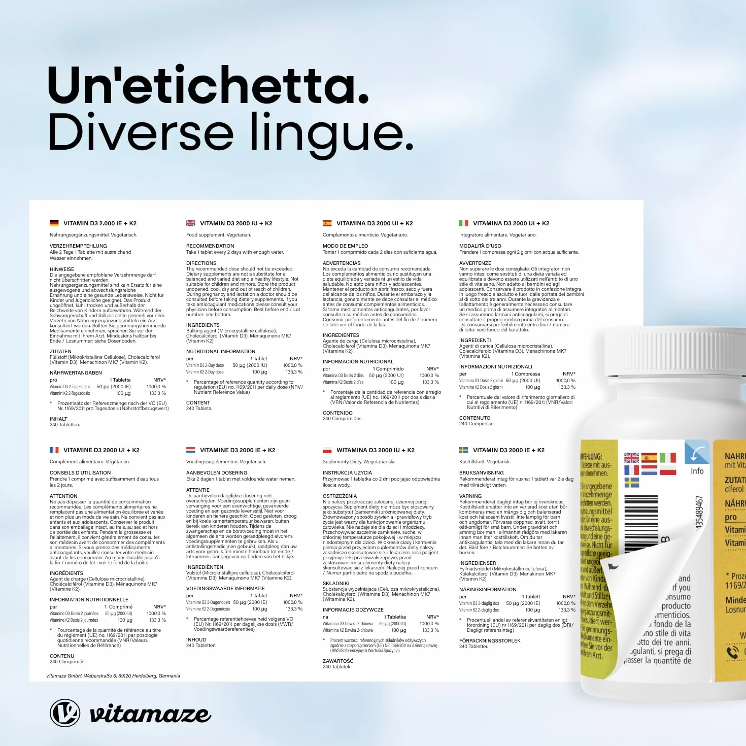 Vitamina D3 K2, 8 Mese, 240 Piccole Compresse, Alto Dosaggio Vitamina D3 e 100 mcg Vitamina K2, Elevata Biodisponibilità, Ossa, Denti, Articolazioni, Sistema Immunitario, Qualitá Tedesca, Vitamaze